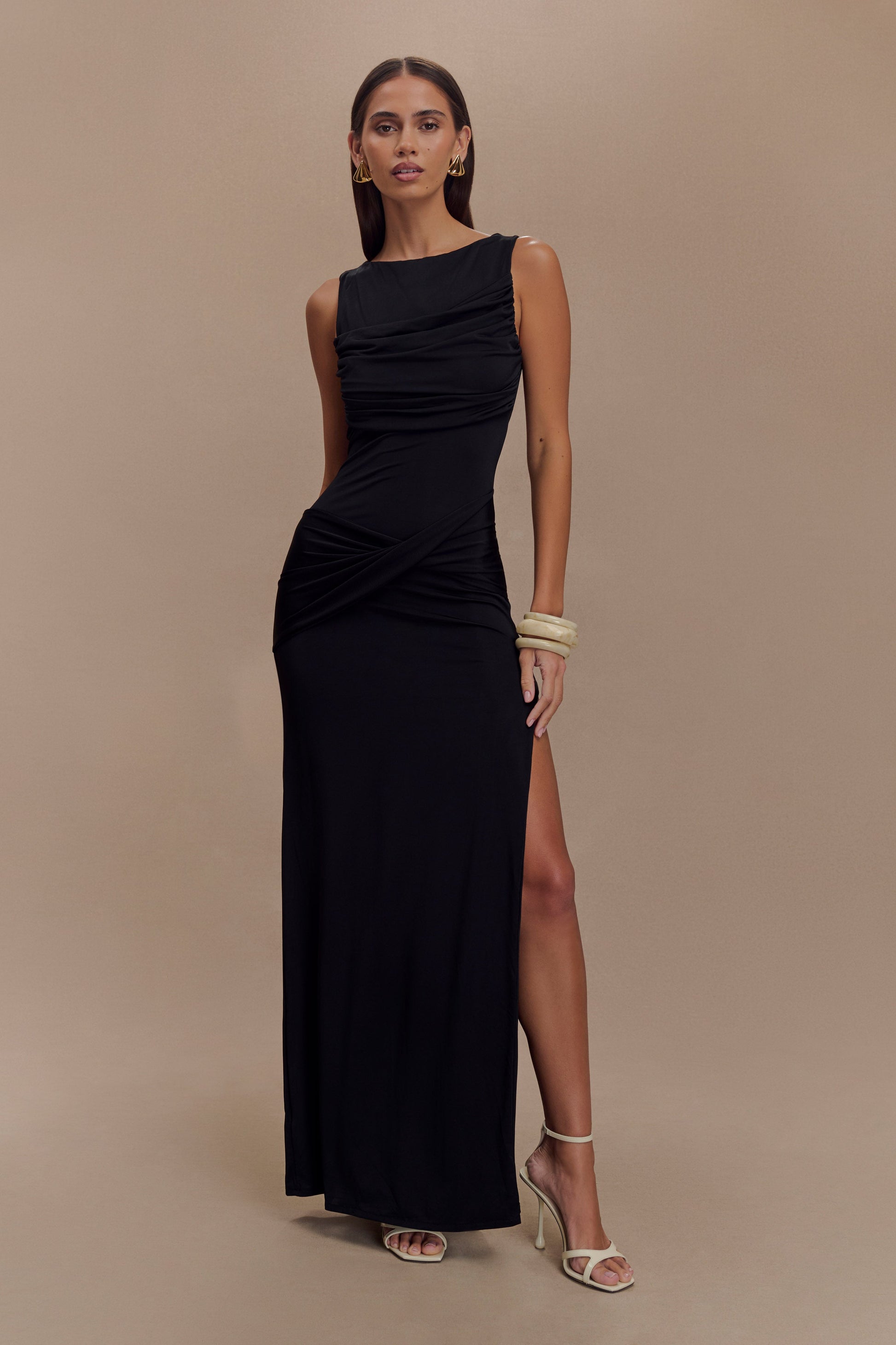 black drape dress Medusa Sparkle Off-Shoulder Sparkle / M 3/4 length sleeves Length LONG BLACK DRAPED DRESS -
