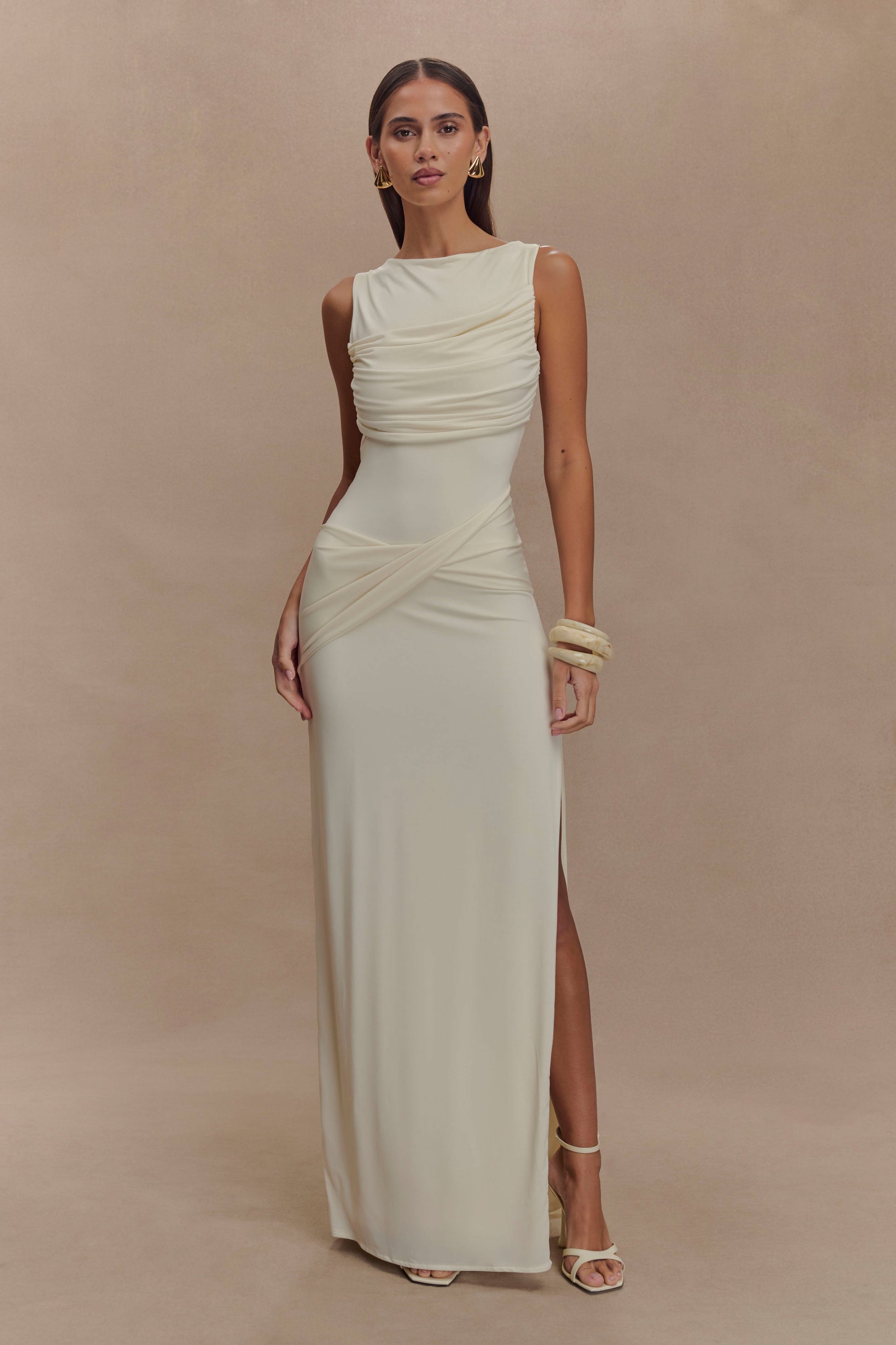 Henley Slinky Drape Maxi Dress / Ivory | MESHKI | 3XL Henley Slinky Drape Maxi Dress / Ivory | MESHKI | 3XL