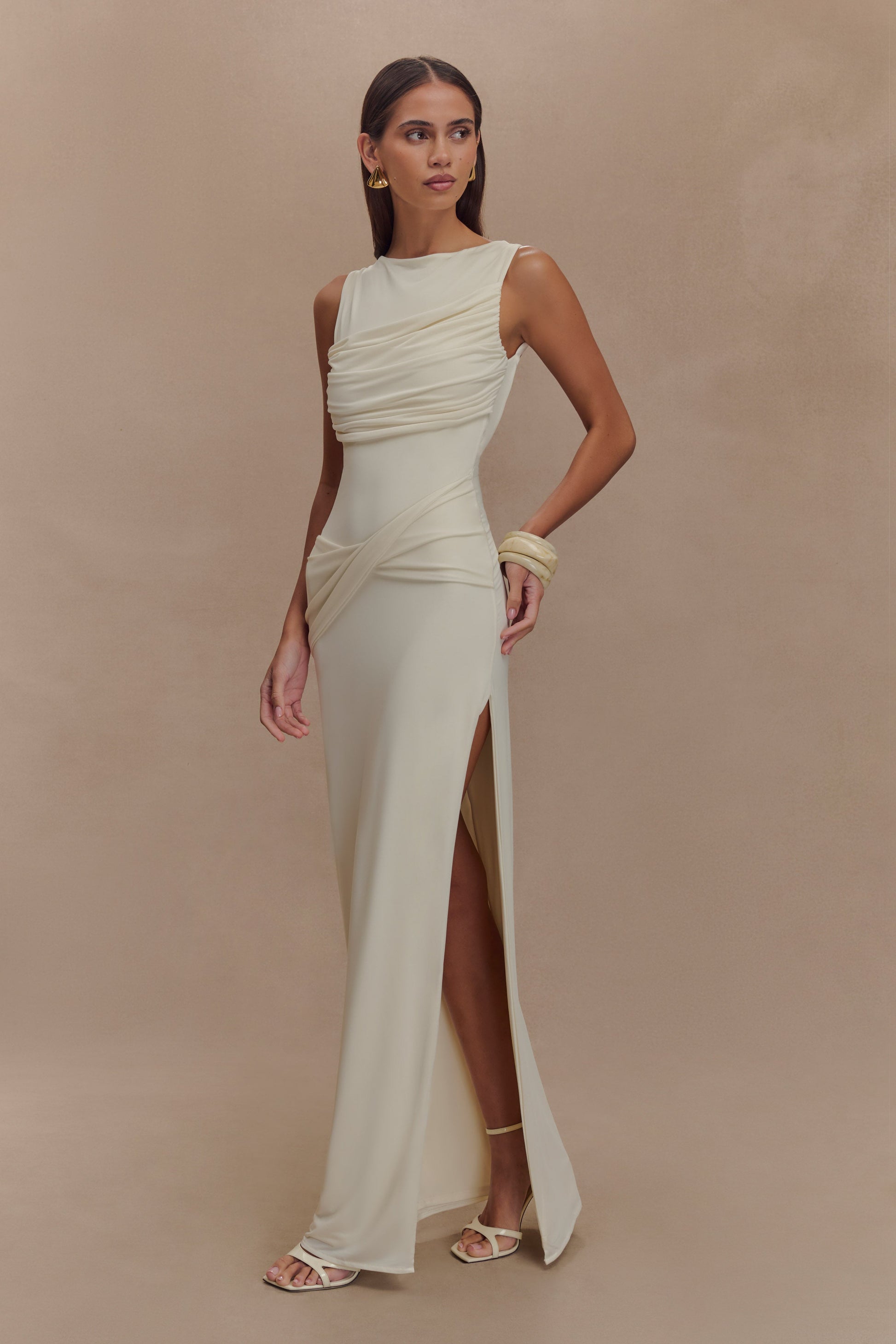 Henley Slinky Drape Maxi Dress / Ivory | MESHKI