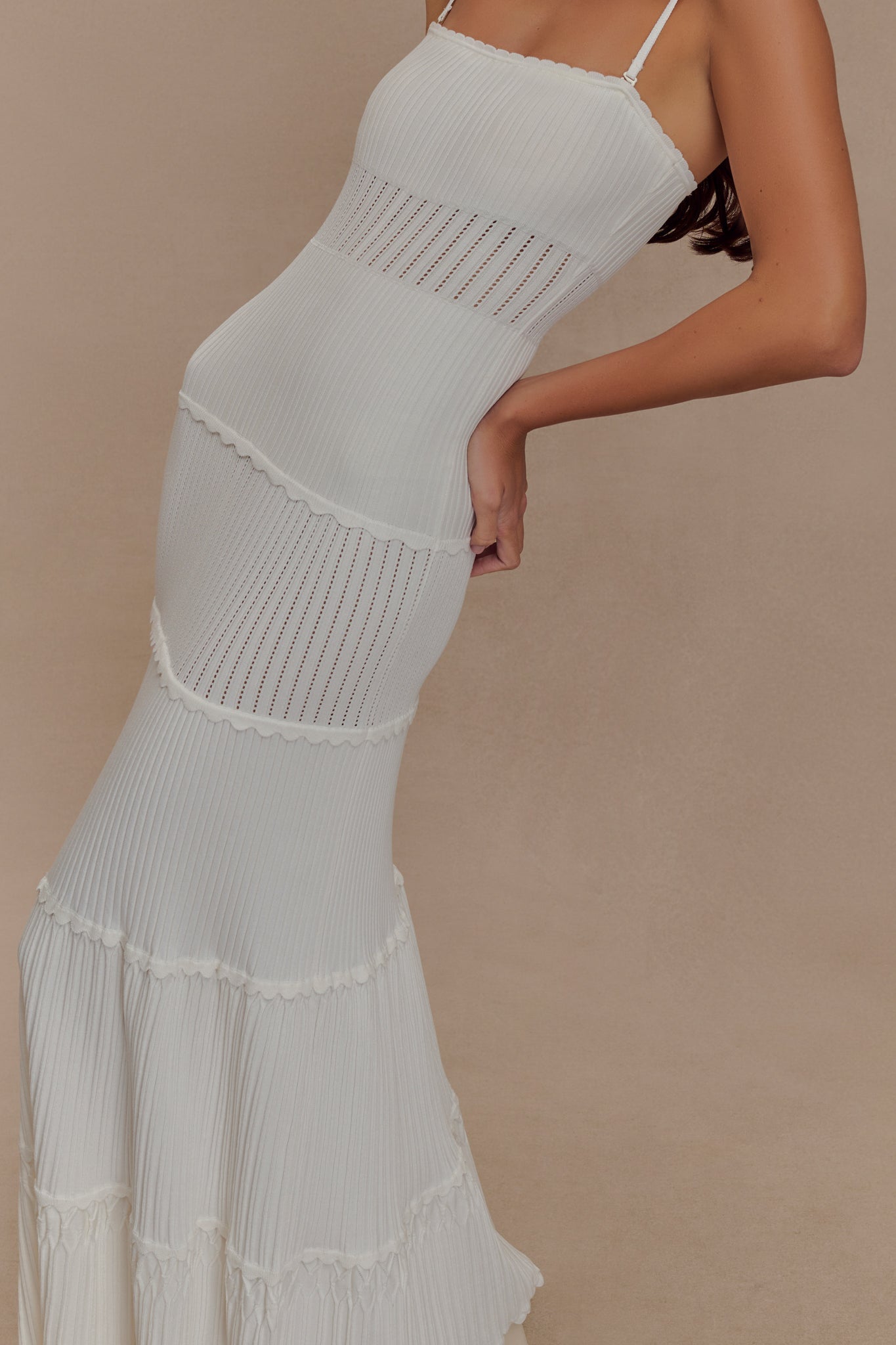 pointelle knit long dress Pointelle Knit Keyhole Maxi Dress - White 8