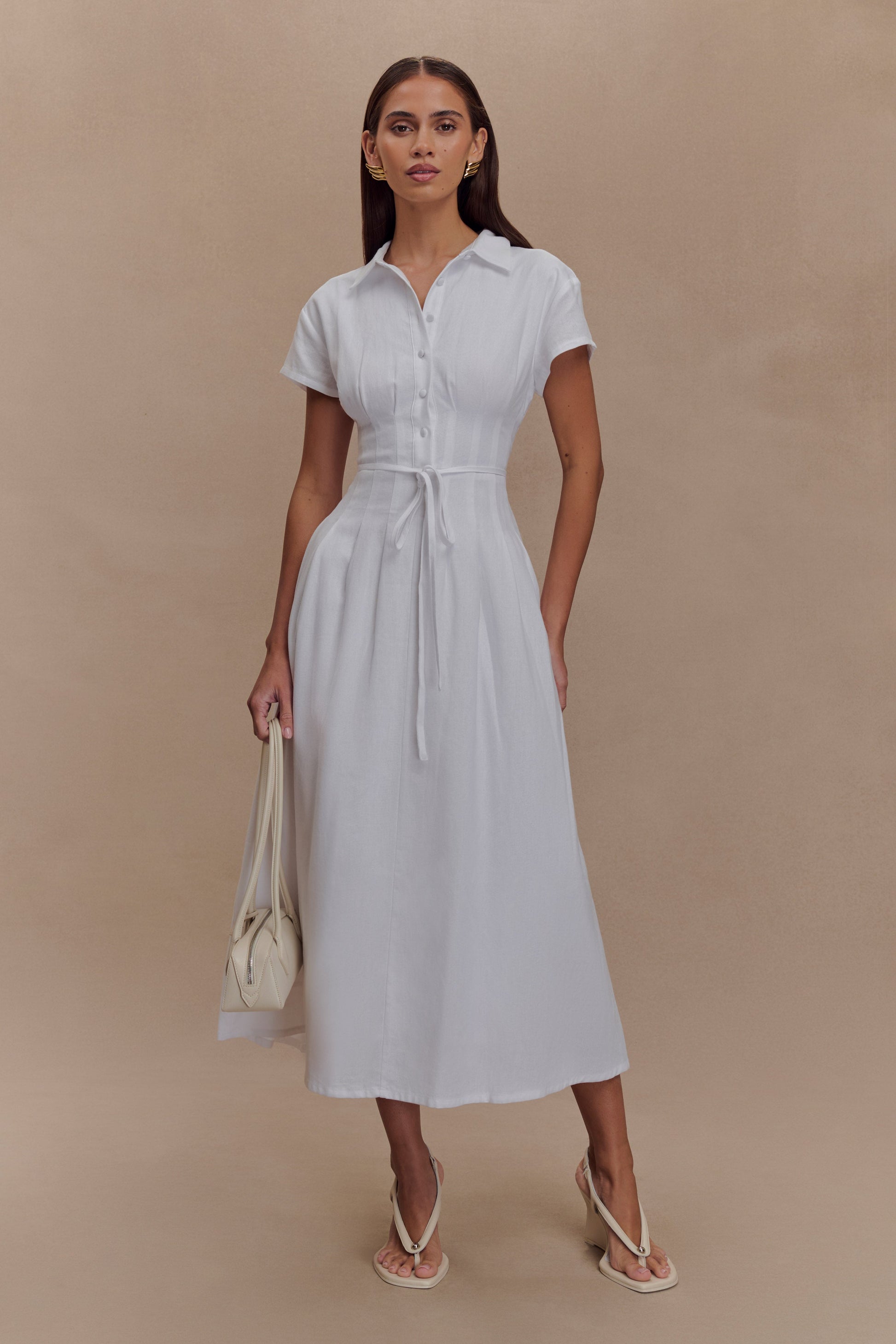 Aysha Buttoned Linen Midi Dress / White | MESHKI | XXS Aysha Buttoned Linen Midi Dress / White | MESHKI | XXS