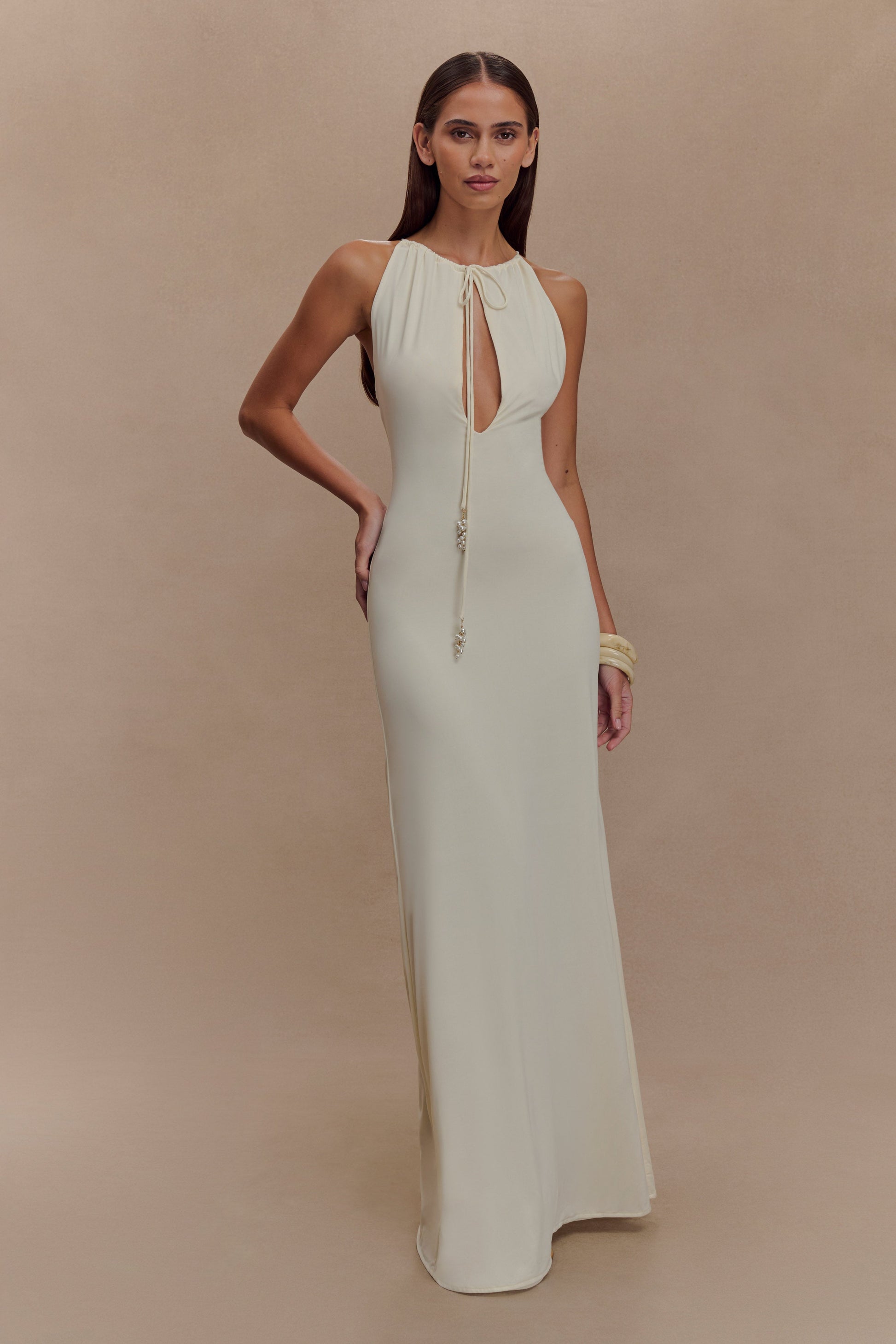 Beryl Slinky Maxi Dress With Pearls / Ivory | MESHKI | XL Beryl Slinky Maxi Dress With Pearls / Ivory | MESHKI | XL