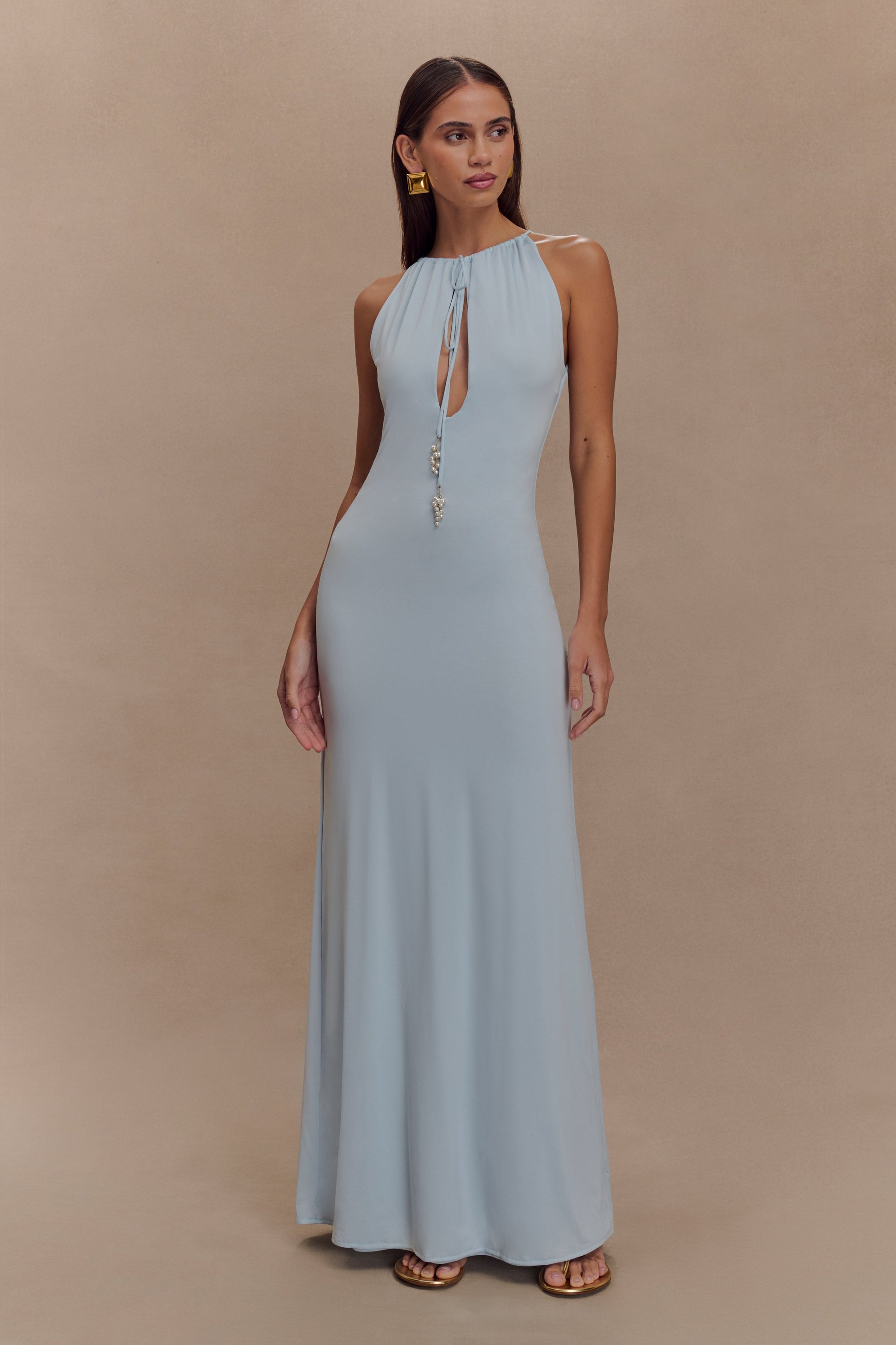 Beryl Slinky Maxi Dress With Pearls - Pale Blue | MESHKI US Beryl Slinky Maxi Dress With Pearls - Pale Blue | MESHKI US