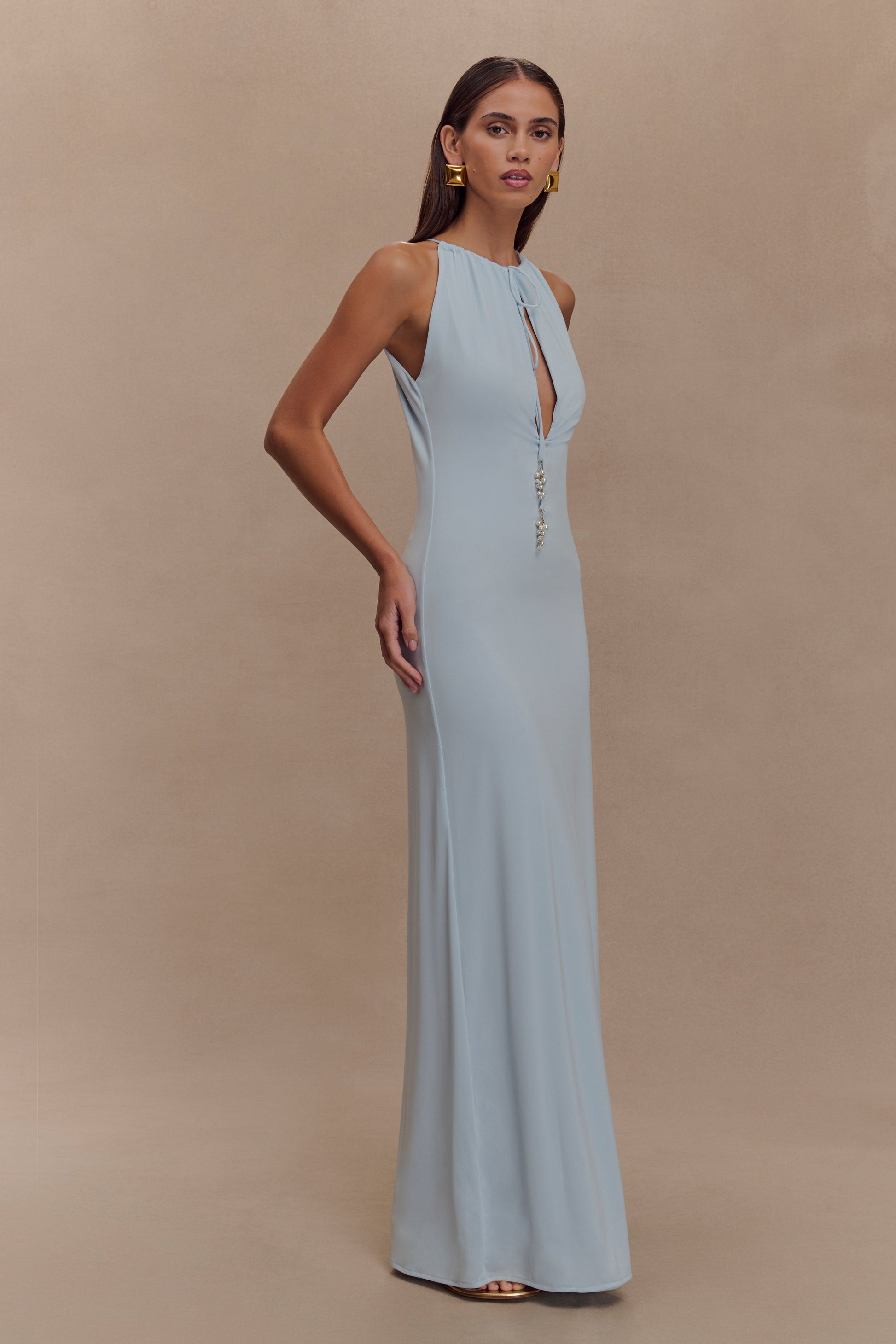 Beryl Slinky Maxi Dress With Pearls - Pale Blue | MESHKI US Beryl Slinky Maxi Dress With Pearls - Pale Blue | MESHKI US