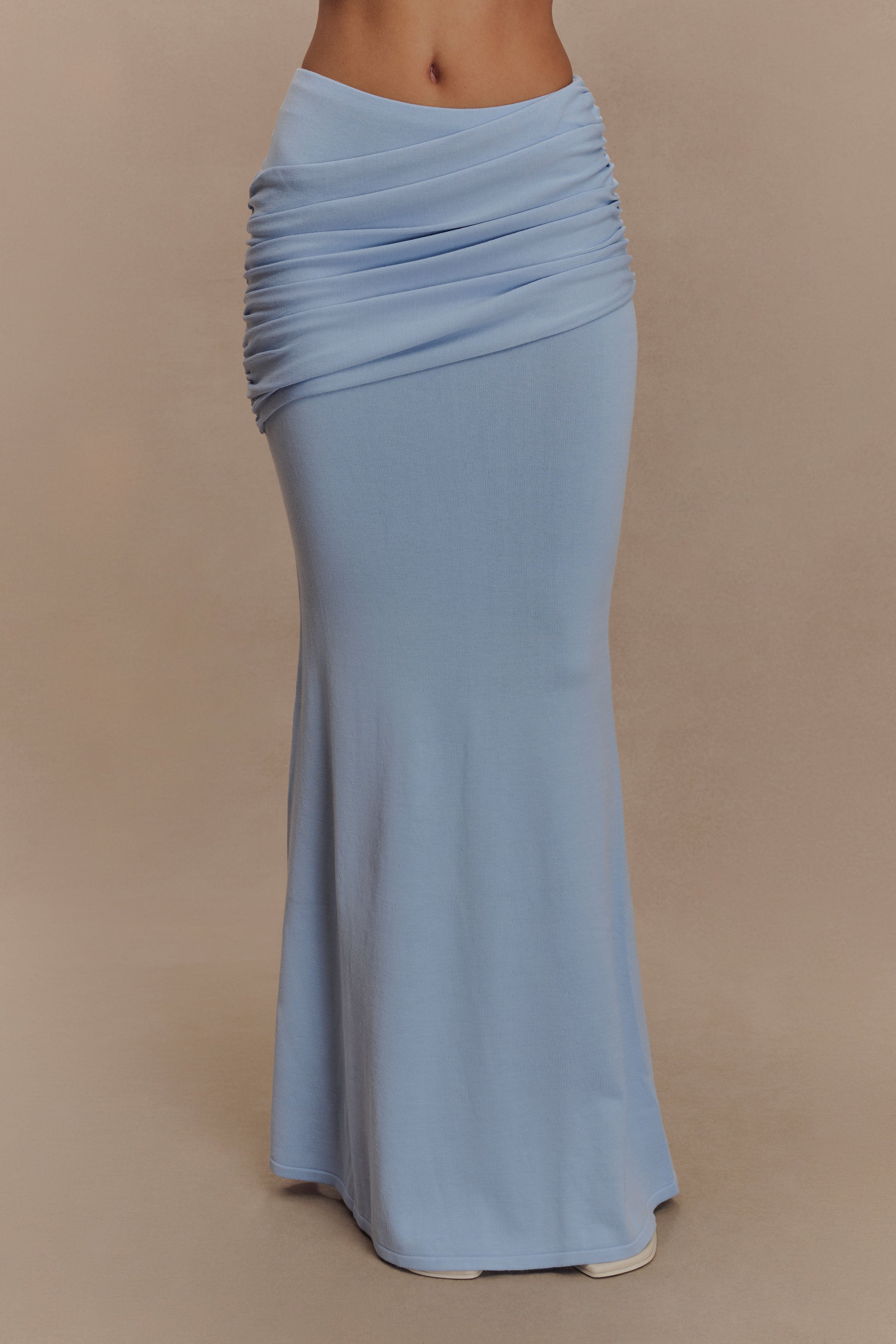 Irene Gathered Knit Maxi Skirt - Blue | MESHKI US