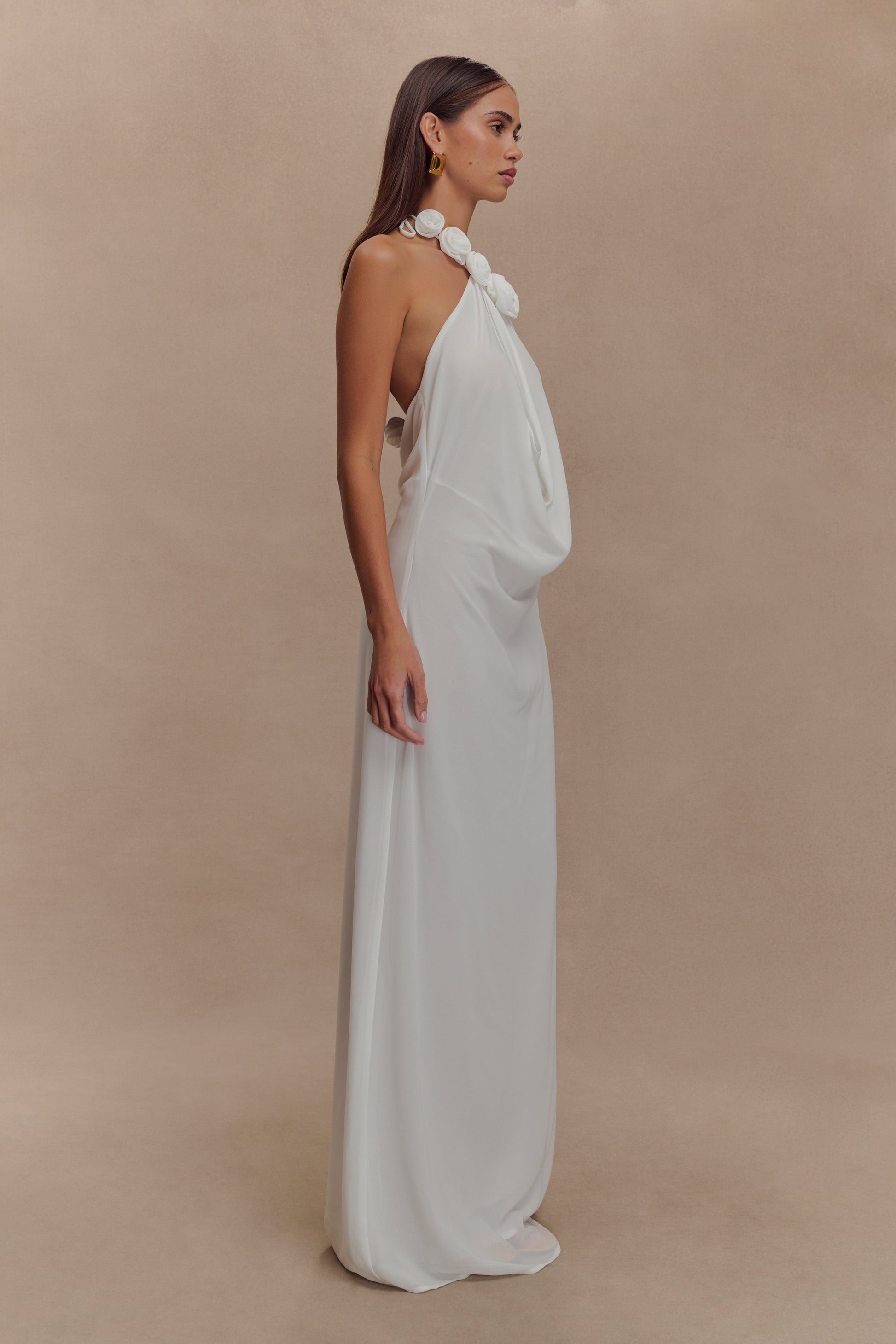high neck maxi dress white Code Slit Dress in Invisible zip closure LACE HIGH-NECK MAXI DRESS IN