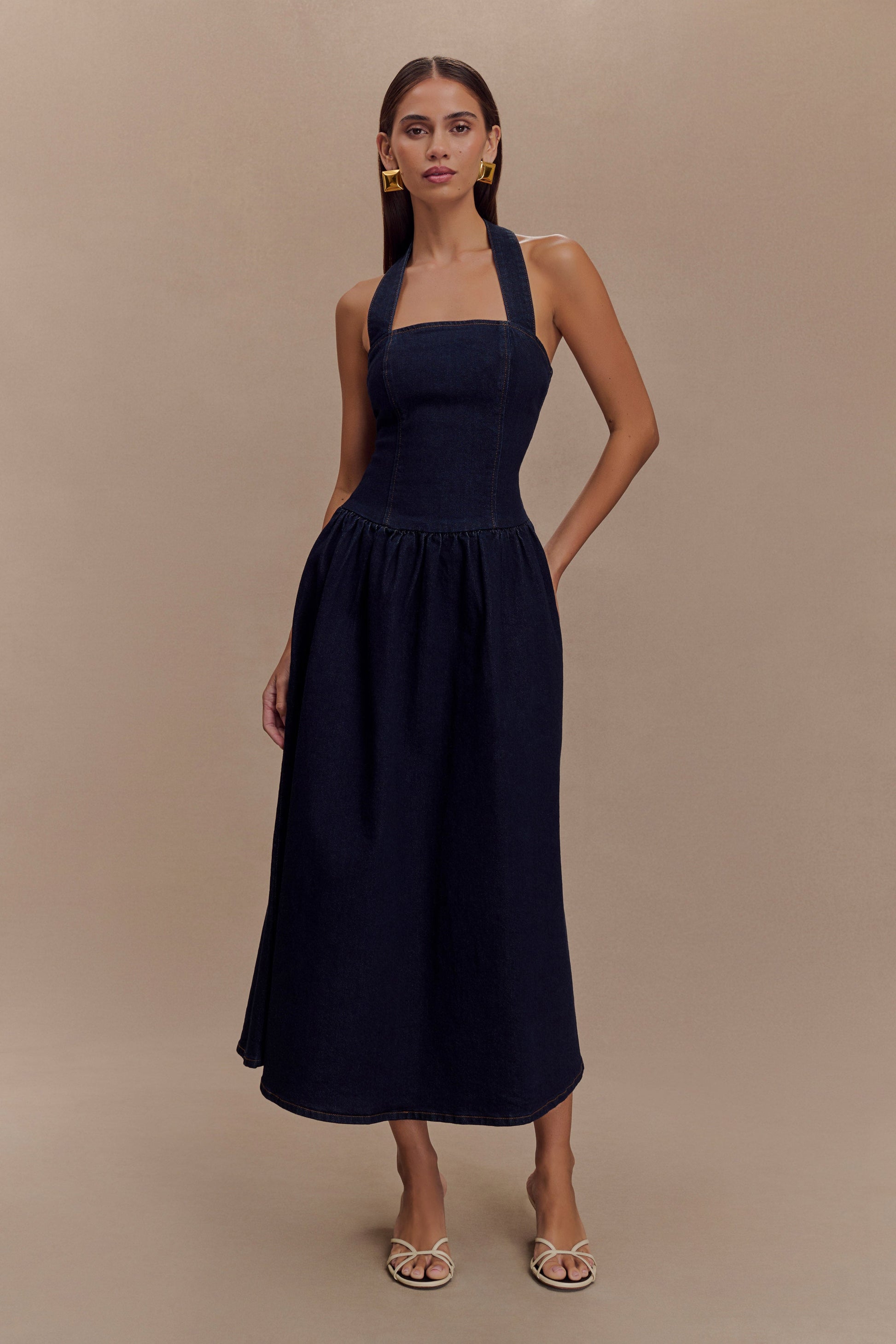 Caroline Denim Halter Midi Dress / Indigo Blue | Meshki | M Caroline Denim Halter Midi Dress / Indigo Blue | Meshki | M