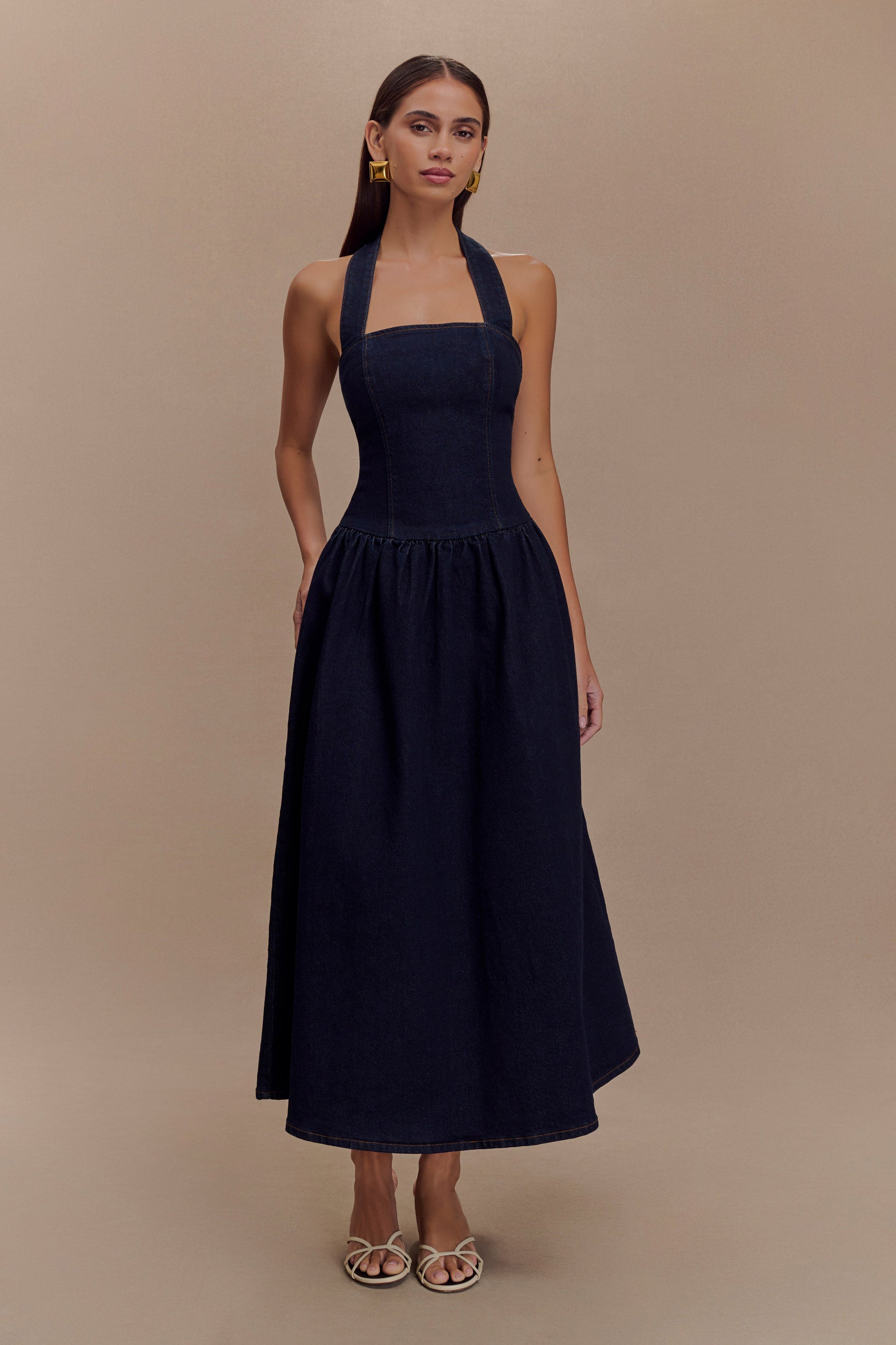 denim halter dresses Renita Halterneck Button Maxi Dress Denim Blue