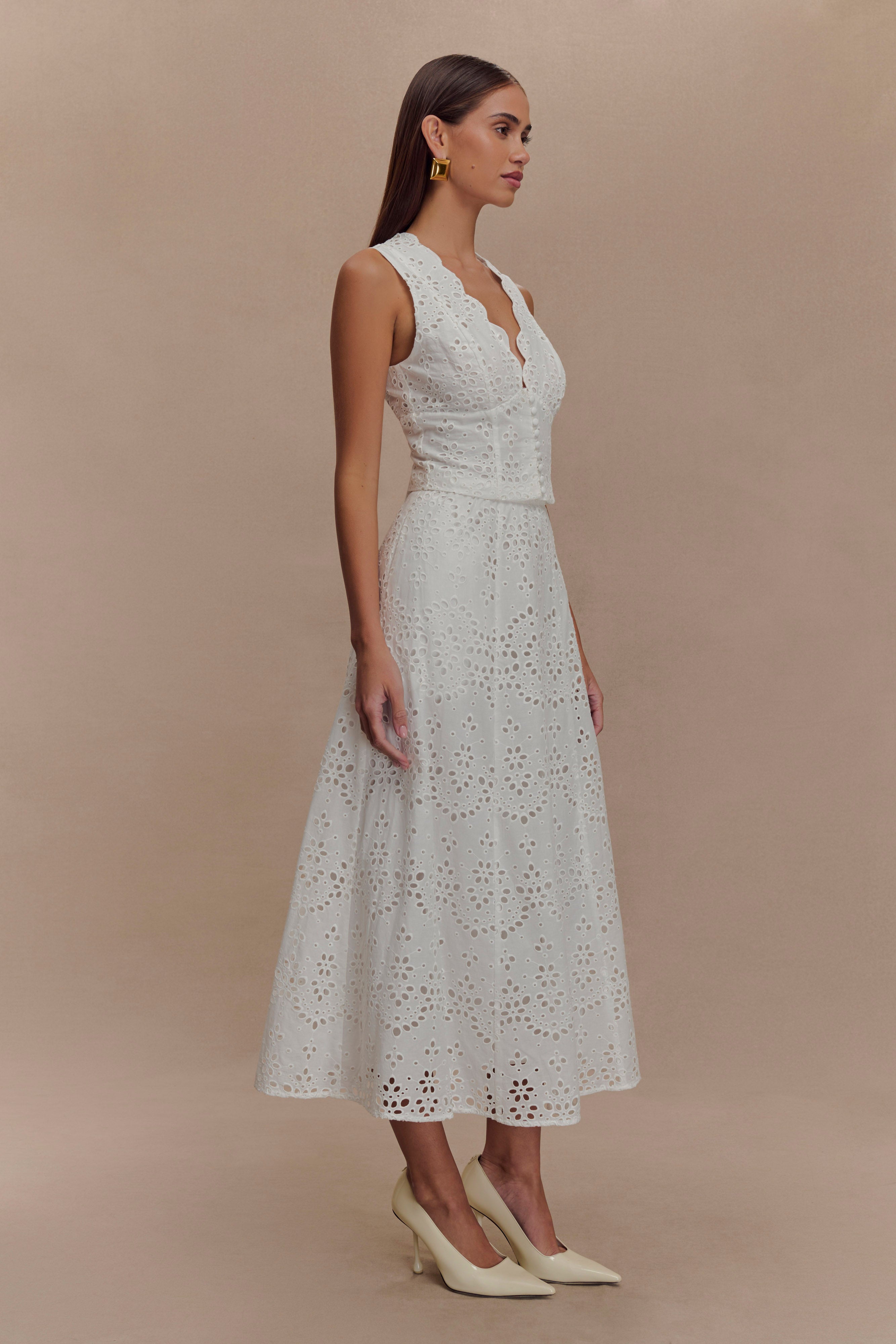 Arla Broderie Midi Skirt - White | MESHKI US