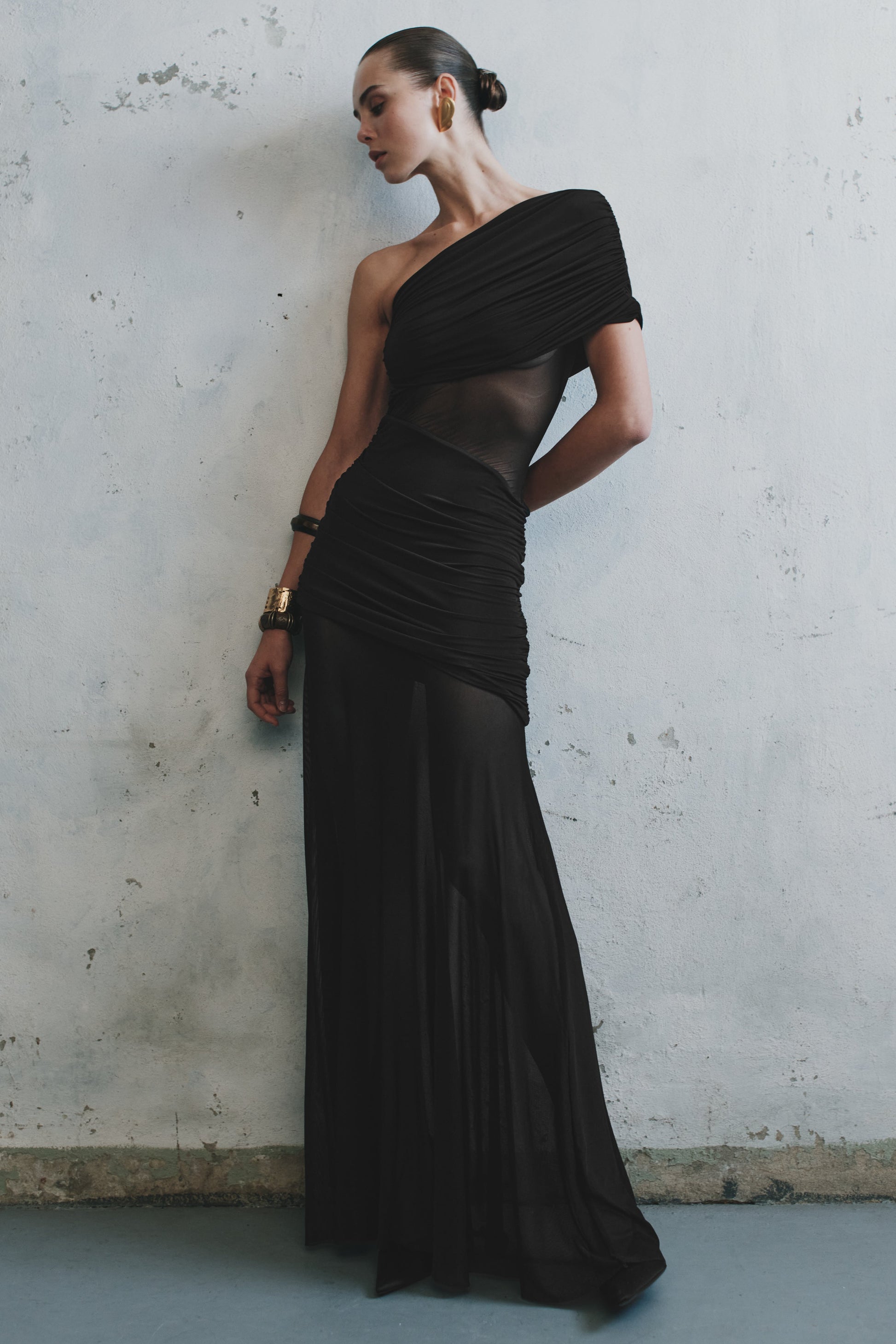 Dallas One Shoulder Mesh Maxi Dress / Black | MESHKI
