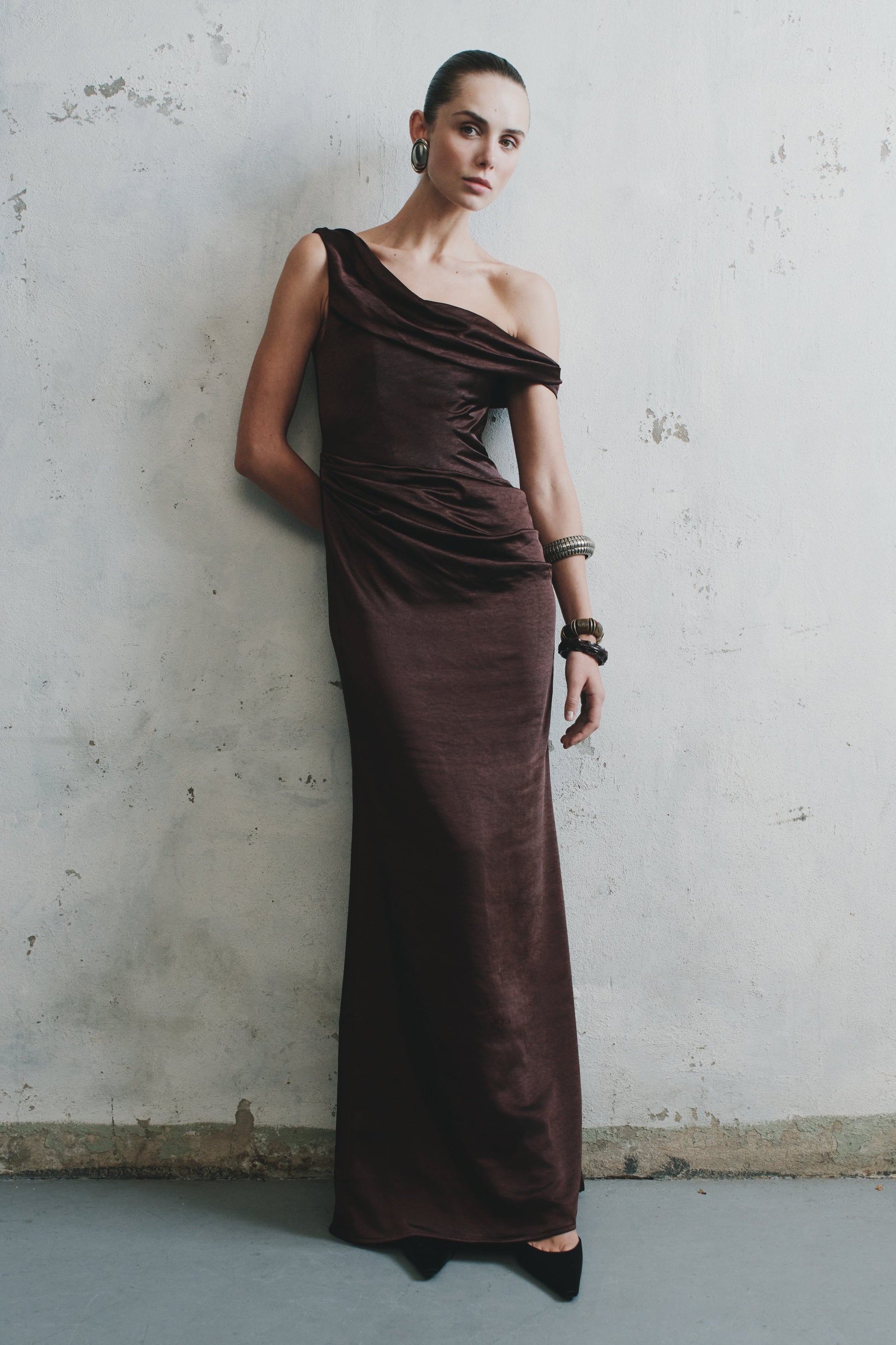 Dalia Off Shoulder Satin Maxi Dress - Dark Chocolate | MESHKI US Dalia Off Shoulder Satin Maxi Dress - Dark Chocolate | MESHKI US