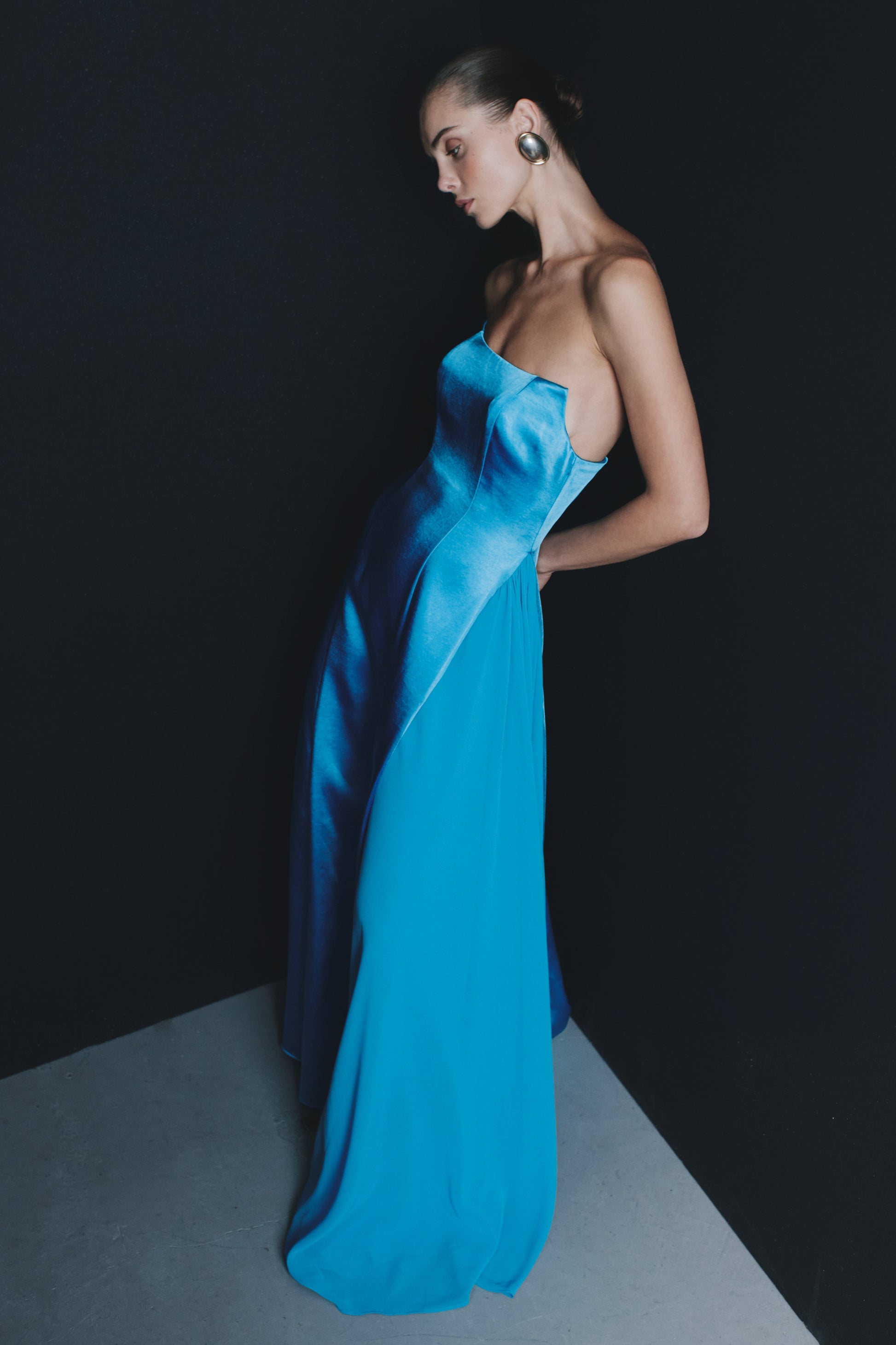 Rosella Satin Strapless Maxi Dress - Cyan Blue | MESHKI US Rosella Satin Strapless Maxi Dress - Cyan Blue | MESHKI US