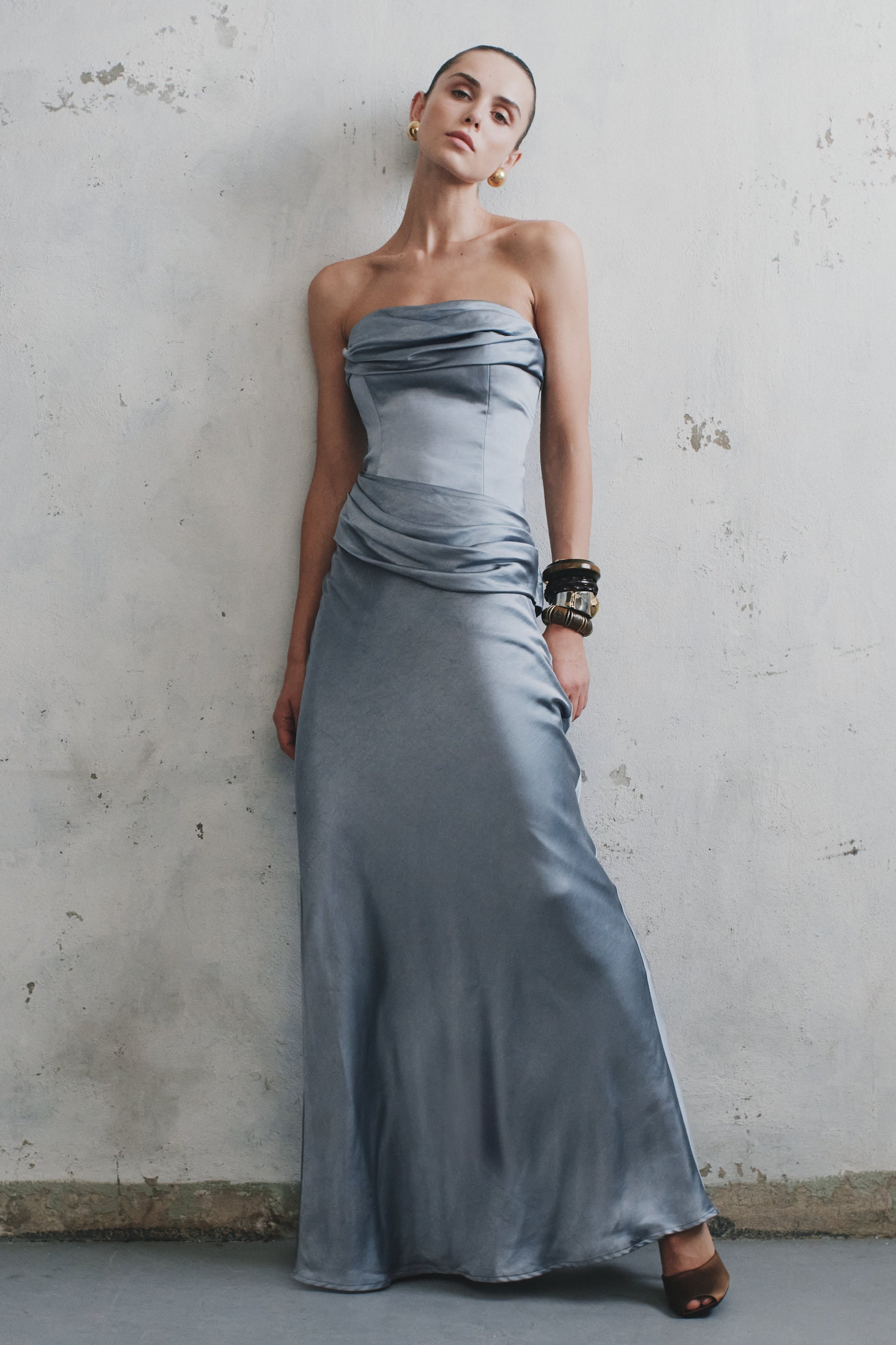 Jasmine Strapless Satin Maxi Dress - Frosted Blue | MESHKI US Jasmine Strapless Satin Maxi Dress - Frosted Blue | MESHKI US