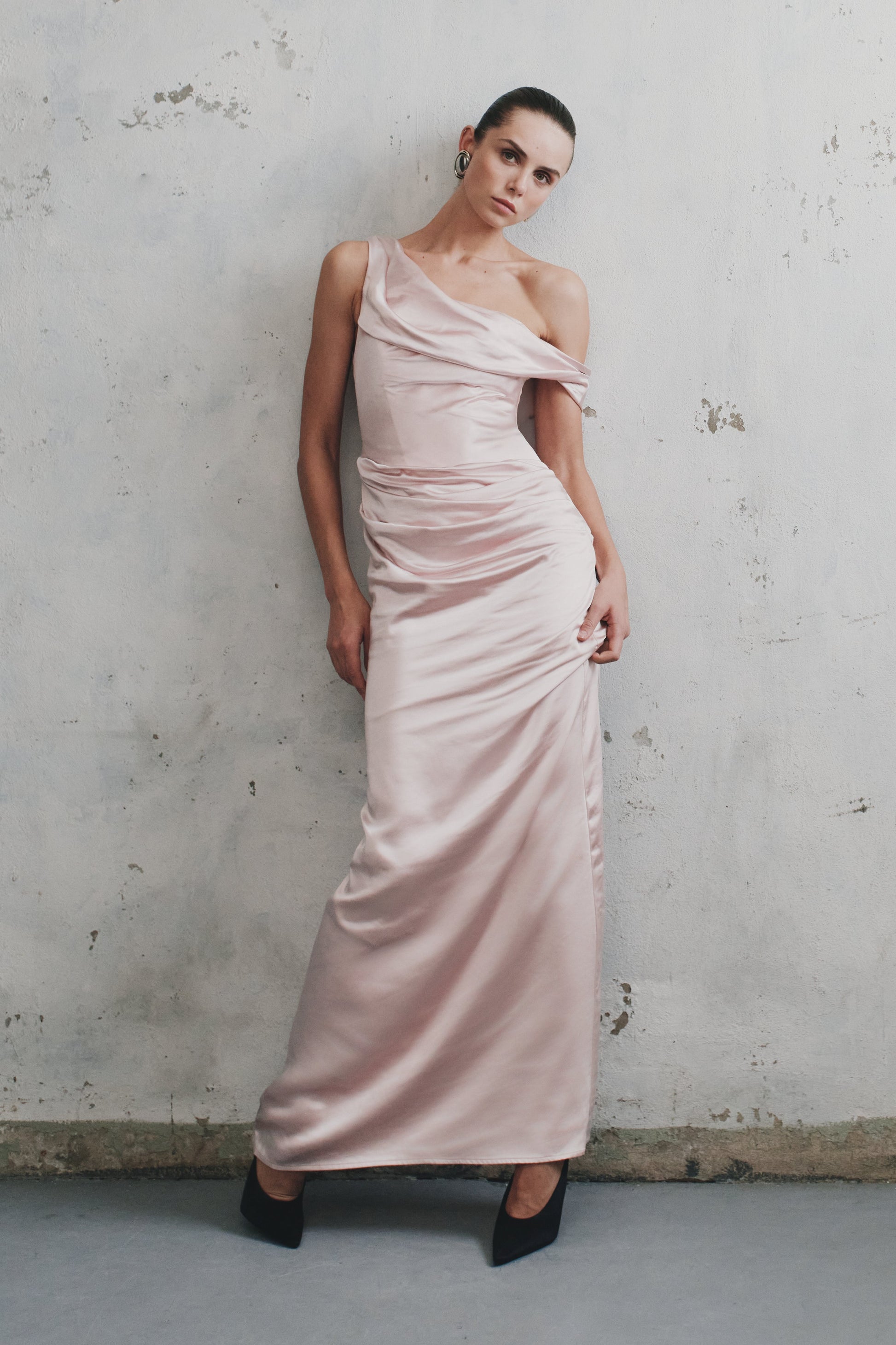 Dalia Off Shoulder Satin Maxi Dress - Soft Pink | MESHKI US Dalia Off Shoulder Satin Maxi Dress - Soft Pink | MESHKI US
