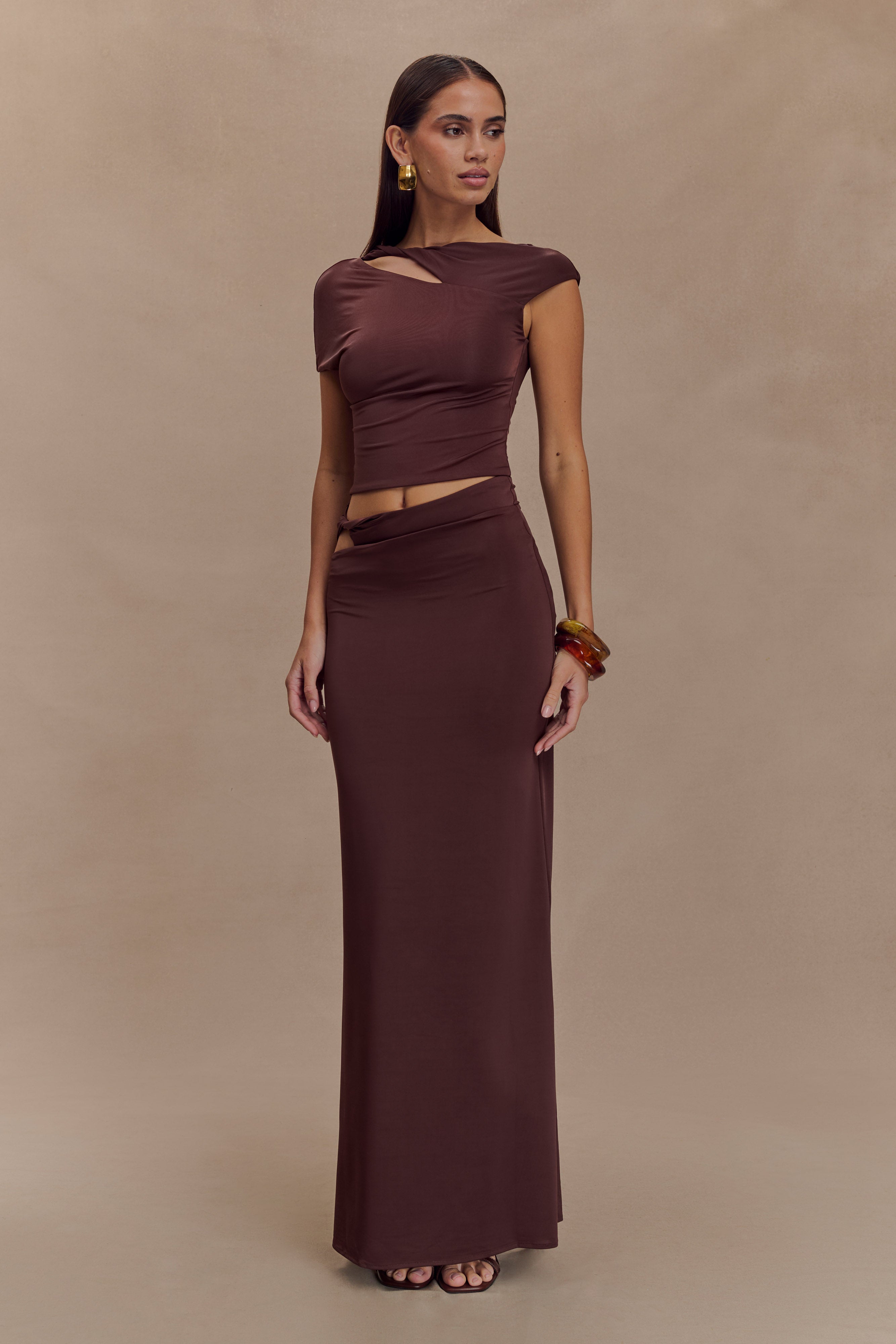 Haven Slinky Twist Midi Skirt - Chocolate | MESHKI US