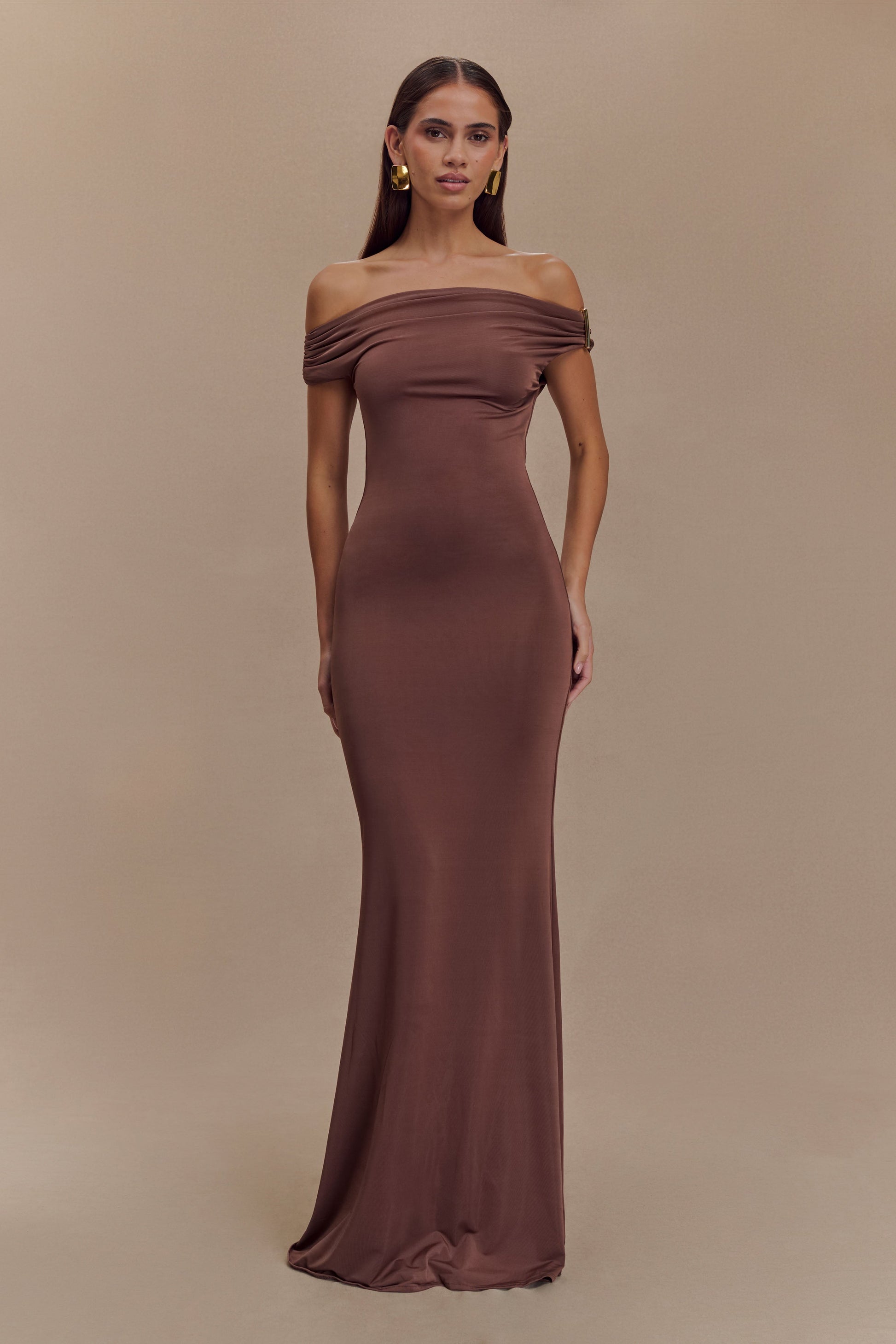 Kinsley Slinky Maxi Dress With Hardware / Chocolate | MESHKI | XXL Kinsley Slinky Maxi Dress With Hardware / Chocolate | MESHKI | XXL