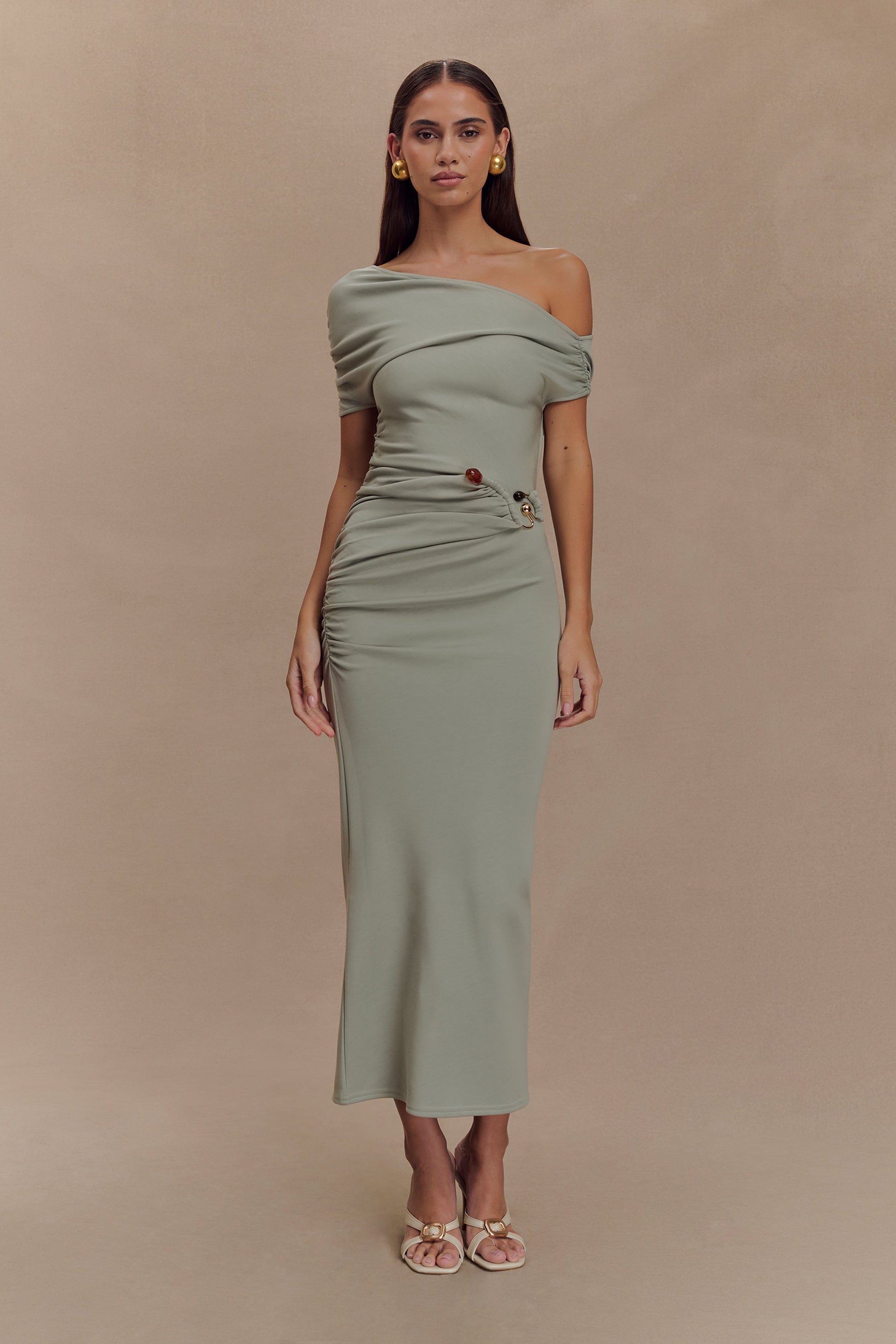 Kendra Scuba Jersey Midi Dress With Hardware / Sage | MESHKI | XL Kendra Scuba Jersey Midi Dress With Hardware / Sage | MESHKI | XL