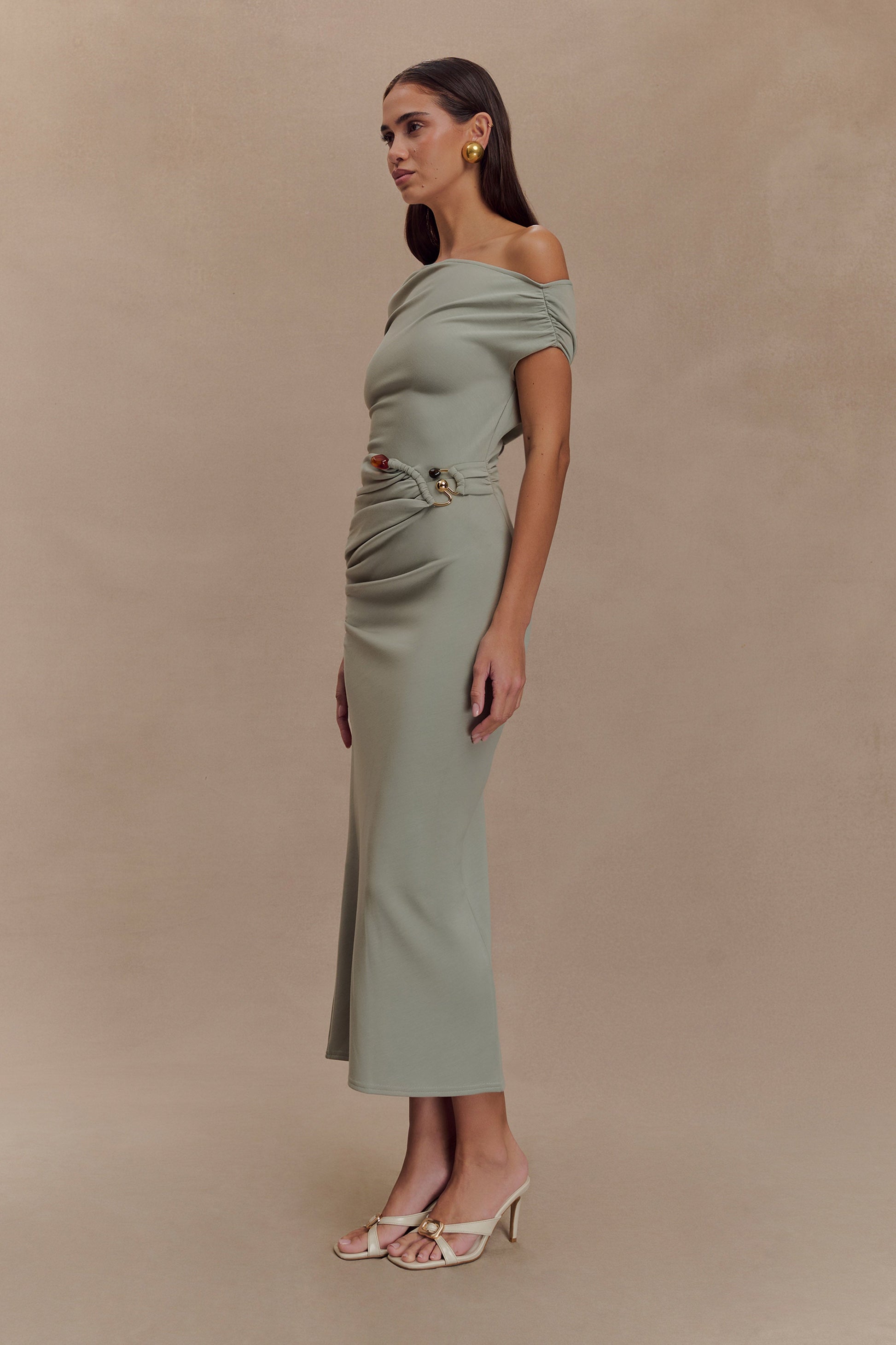 Kendra Scuba Jersey Midi Dress With Hardware / Sage | MESHKI Kendra Scuba Jersey Midi Dress With Hardware / Sage | MESHKI