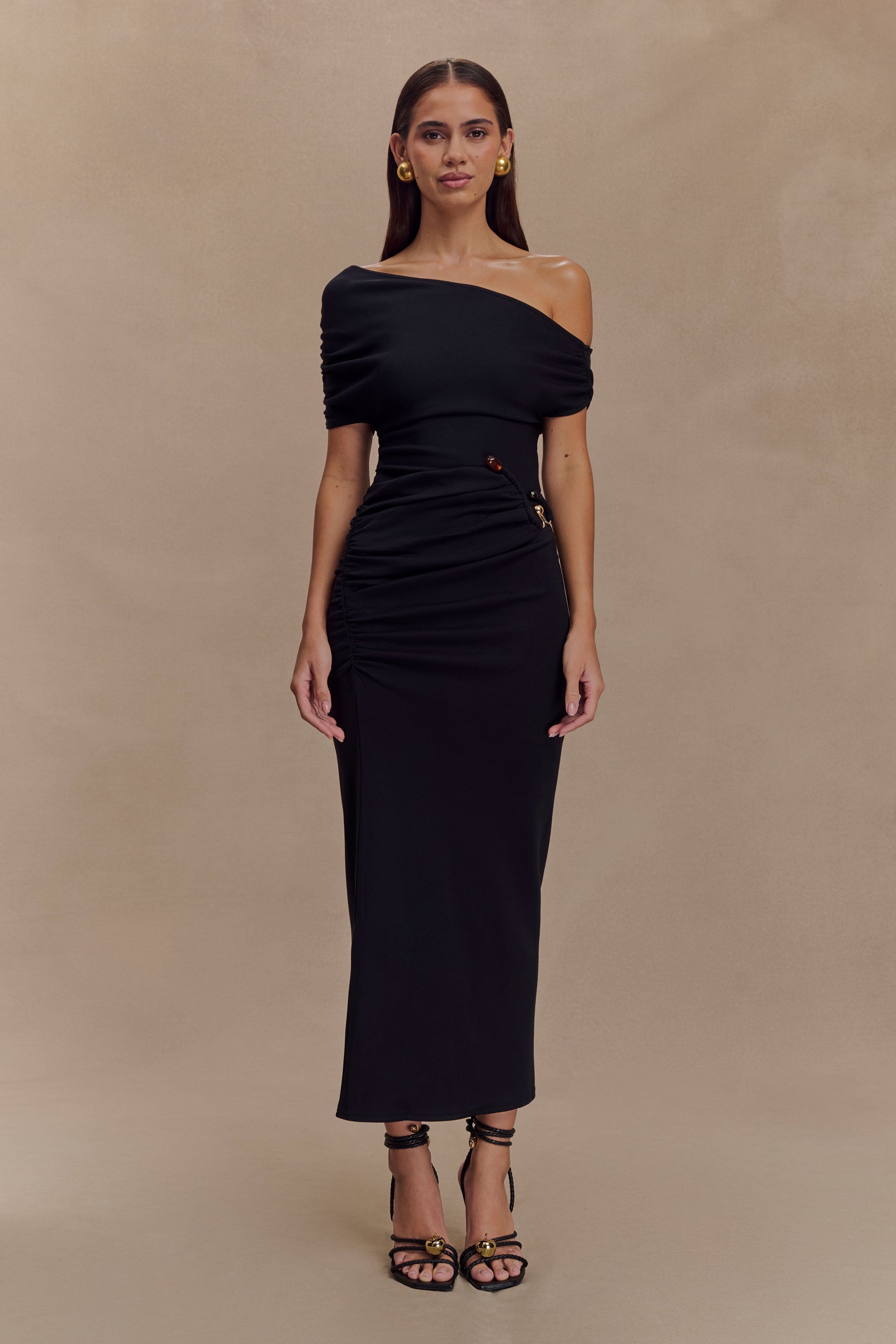 Kendra Scuba Jersey Midi Dress With Hardware / Black | MESHKI