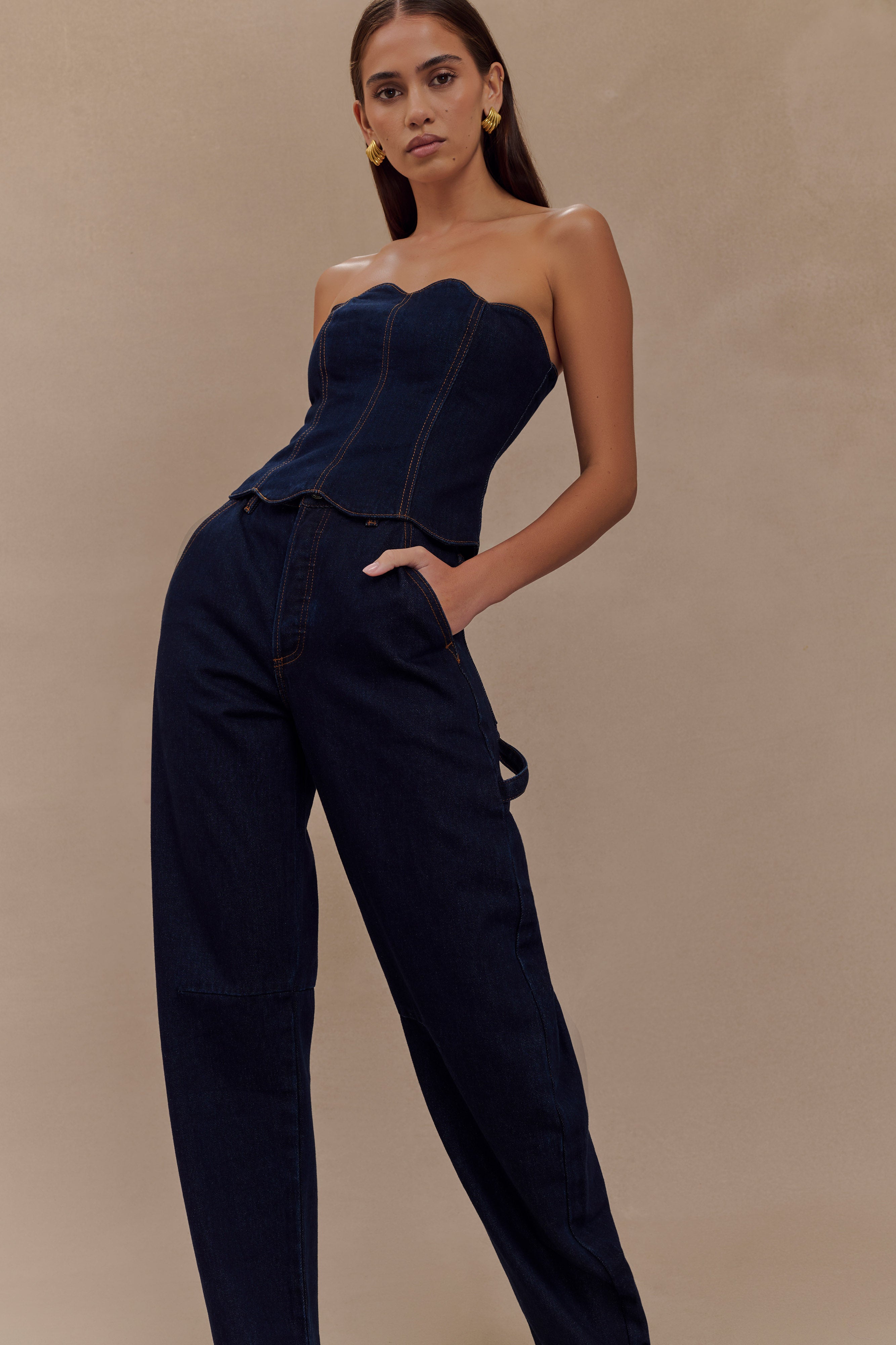 Oakley Strapless Scallop Denim Top - Indigo Blue | MESHKI US