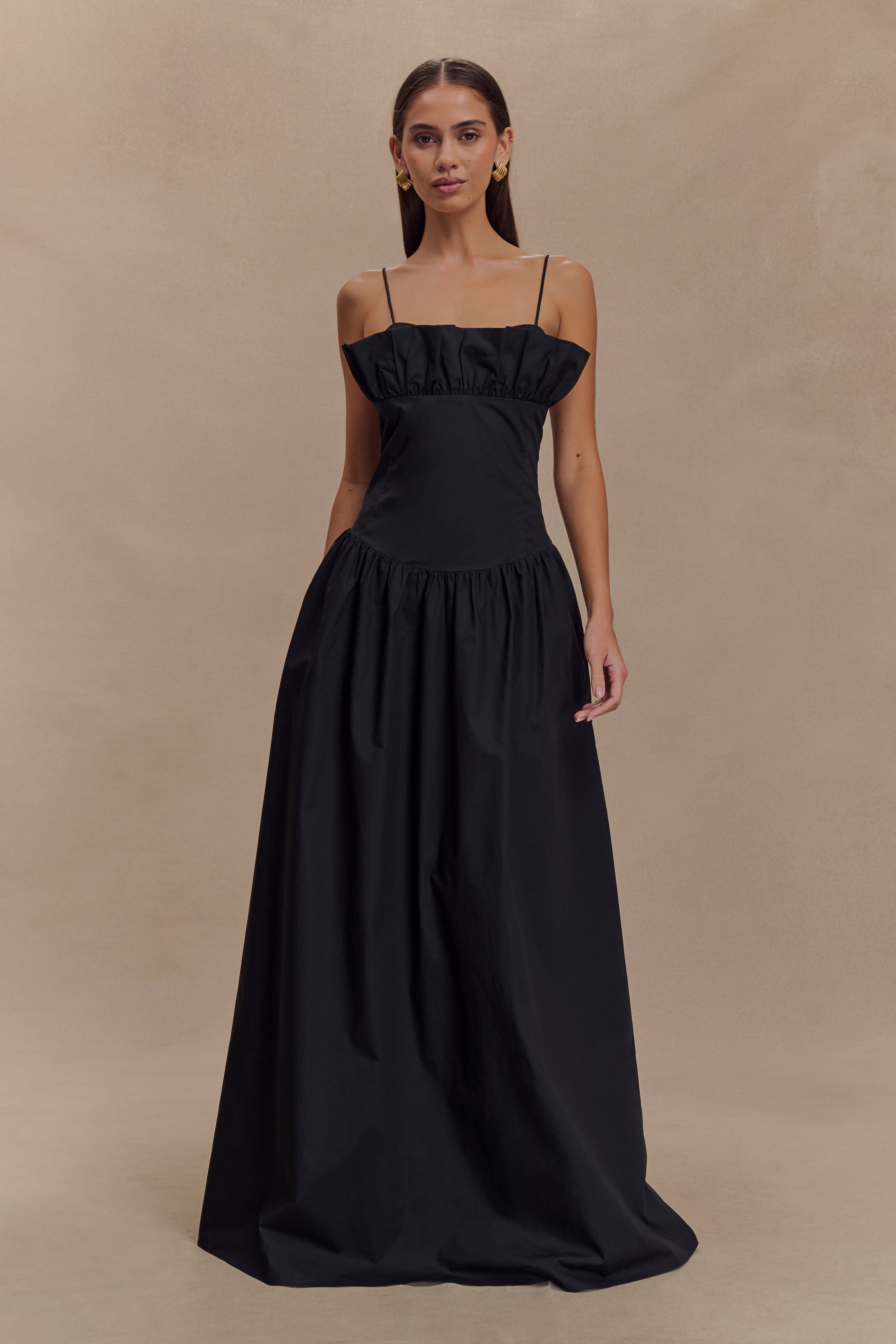 Janis Cotton Frill Maxi Dress - Black | MESHKI US