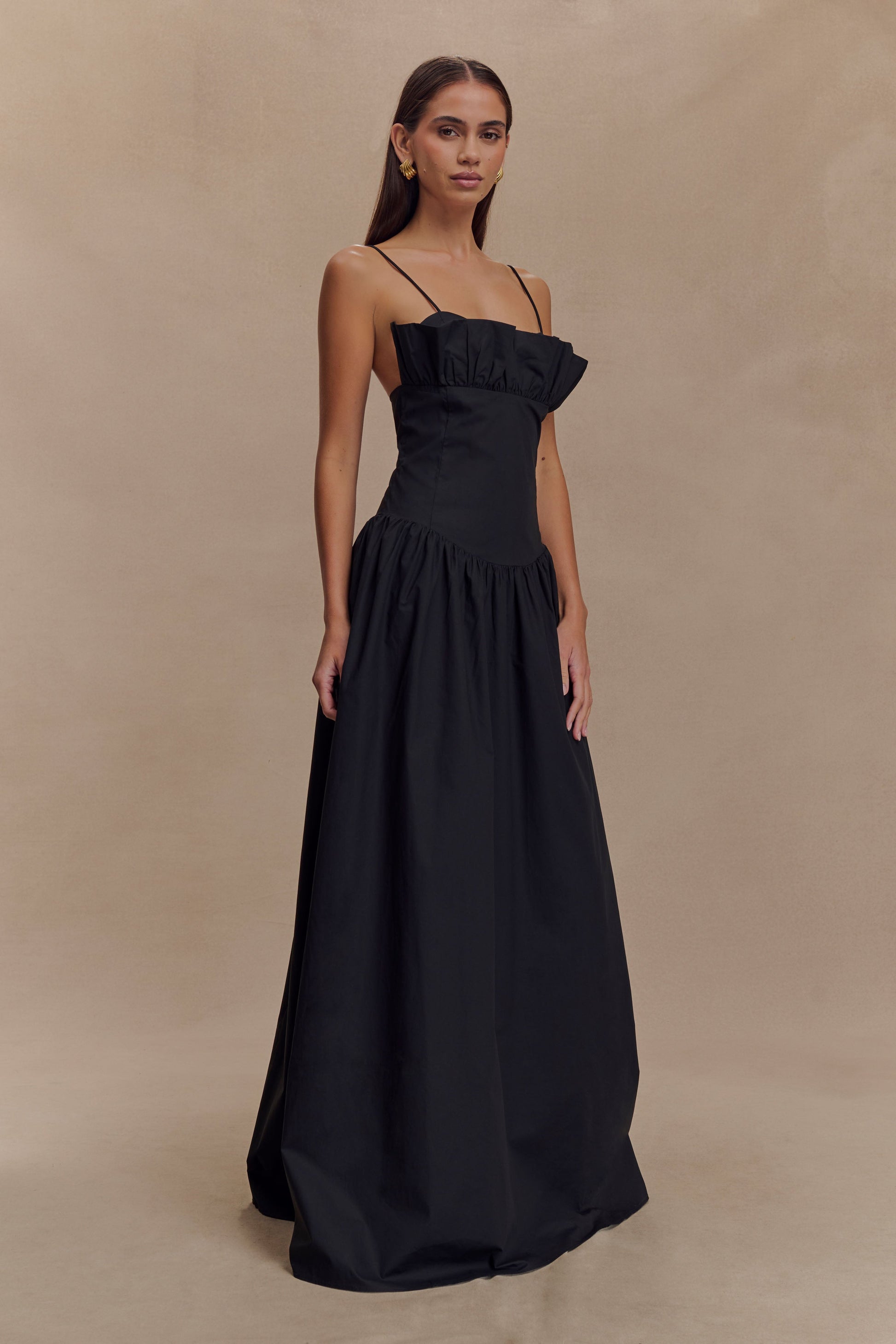 Janis Cotton Frill Maxi Dress / Black | MESHKI