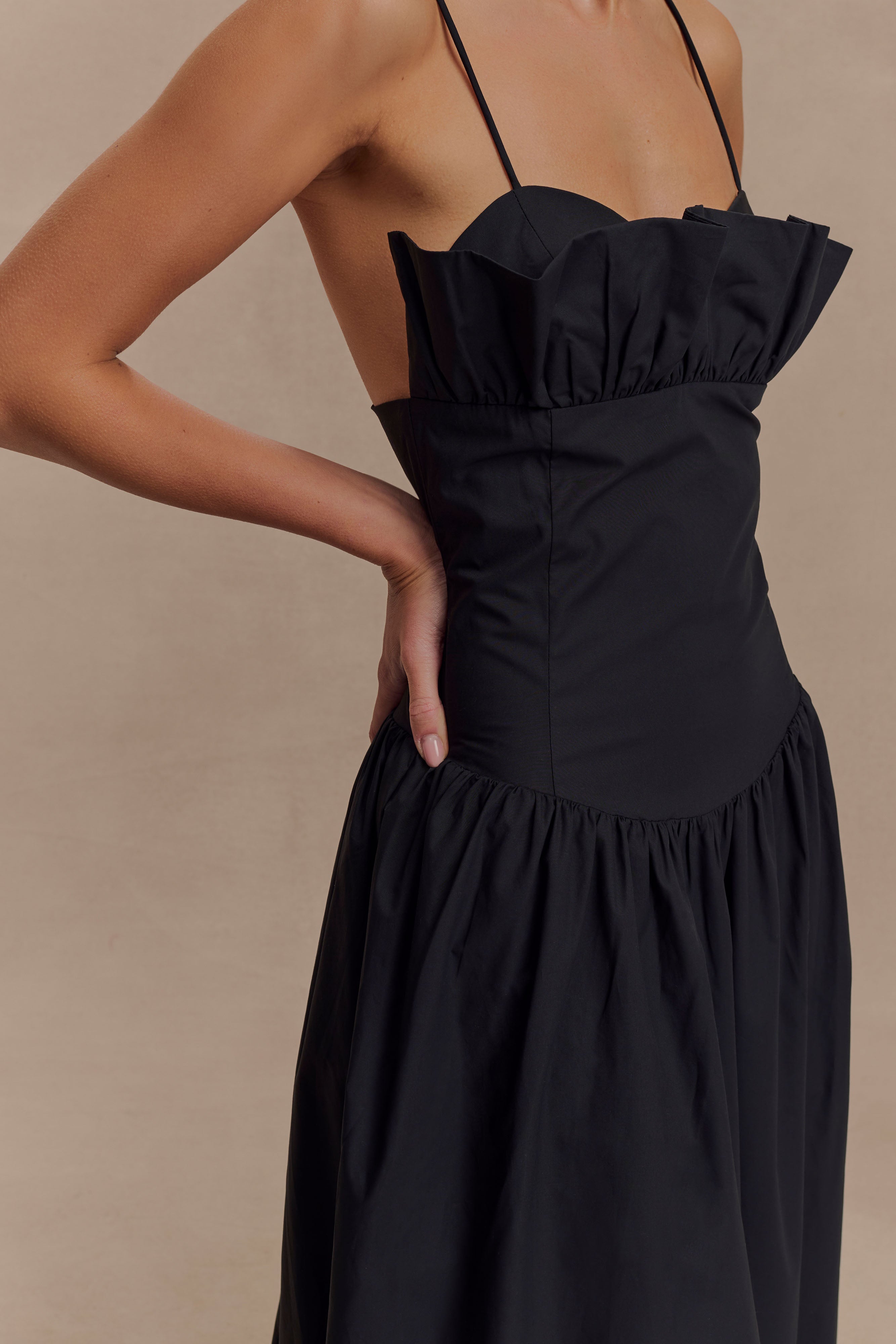 Janis Cotton Frill Maxi Dress - Black | MESHKI US