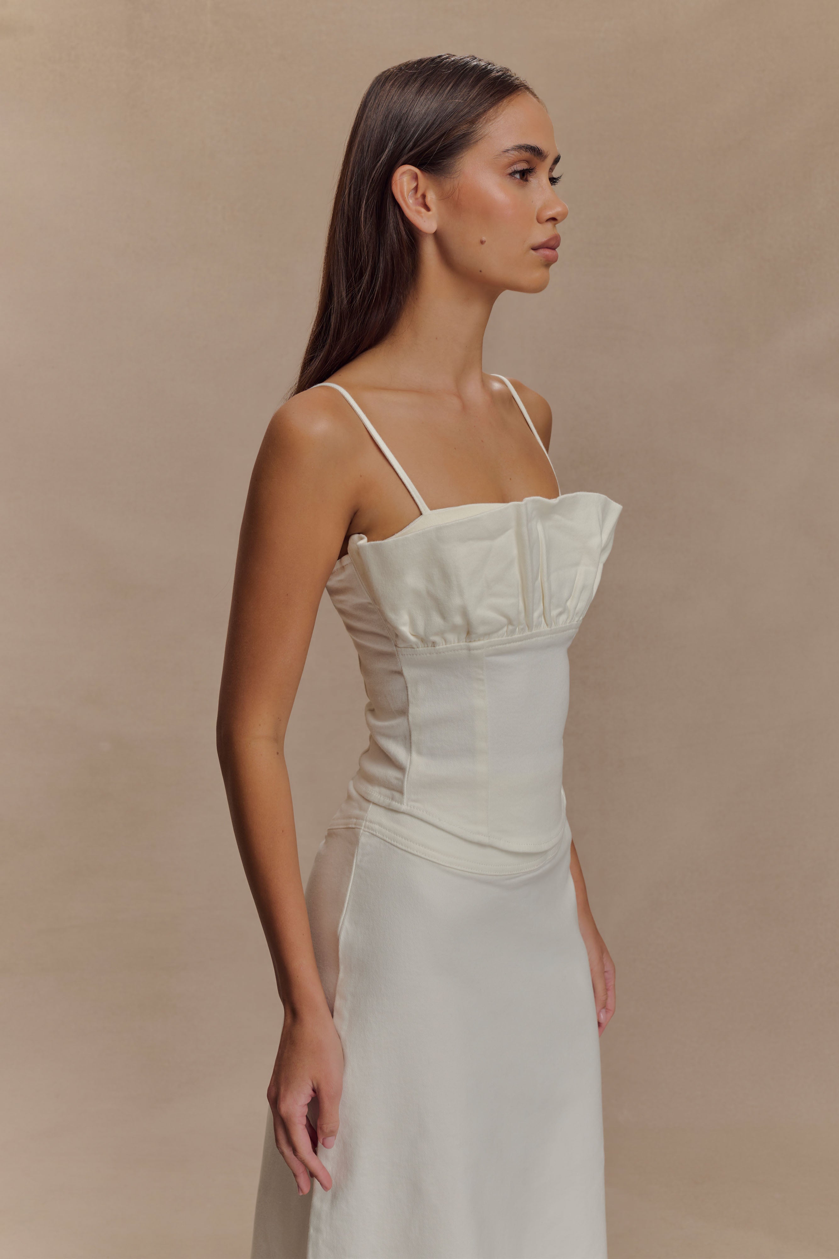 Cecilia Denim Frill Corset - White | MESHKI US