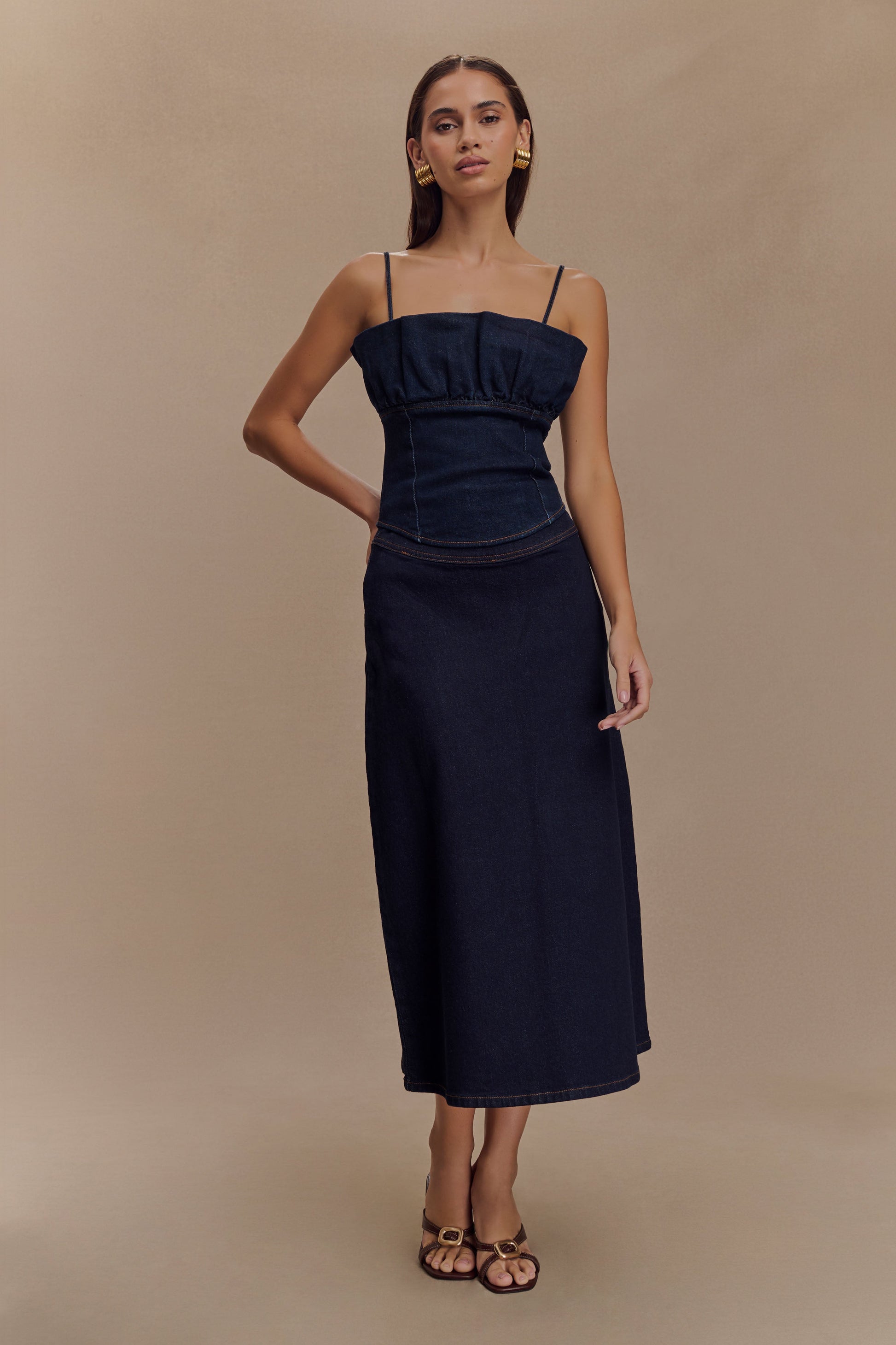 Cecilia Denim A/Line Midi Skirt / Indigo Blue | Meshki | Xs Cecilia Denim A/Line Midi Skirt / Indigo Blue | Meshki | Xs