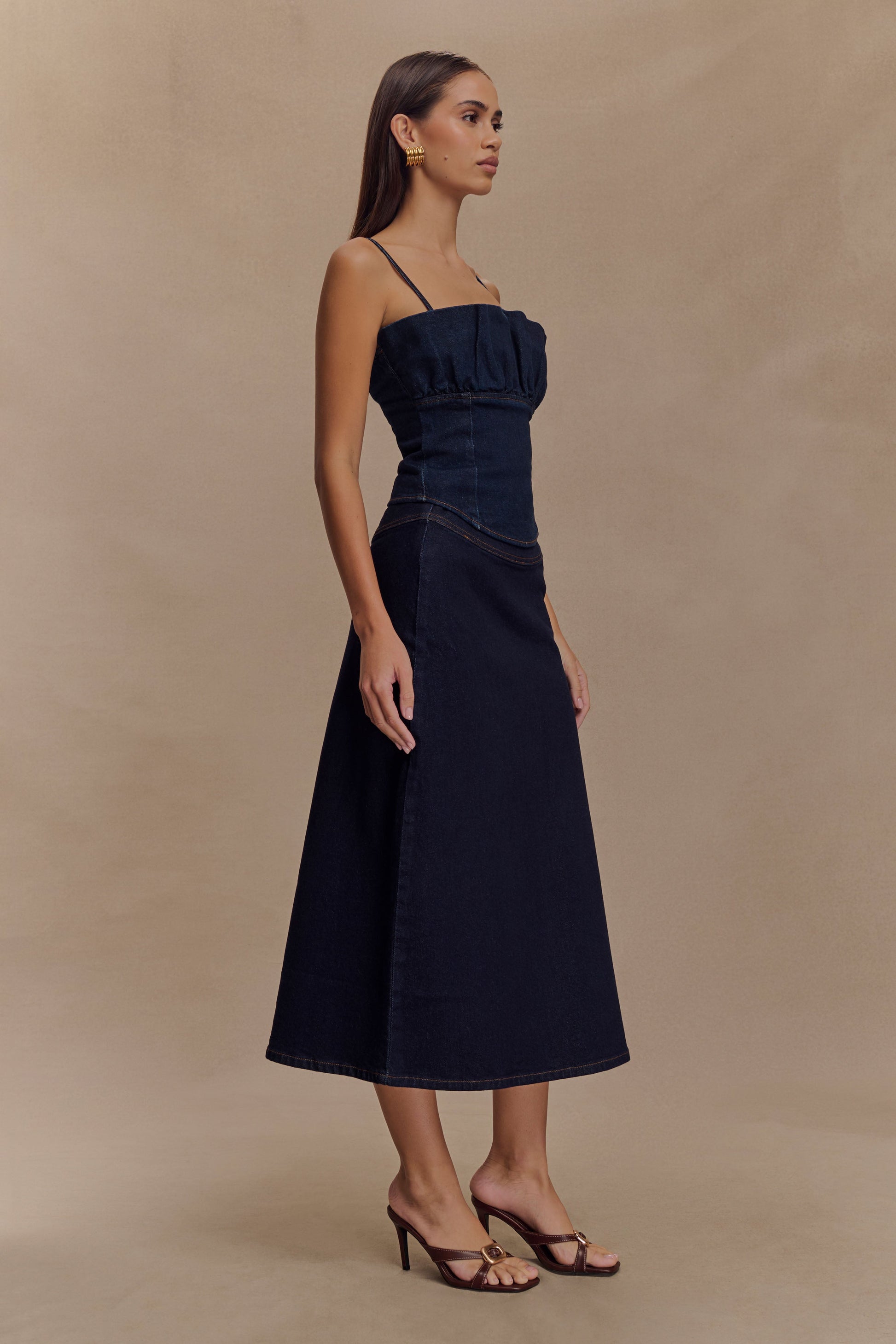 Cecilia Denim A/Line Midi Skirt / Indigo Blue | Meshki | Xs Cecilia Denim A/Line Midi Skirt / Indigo Blue | Meshki | Xs