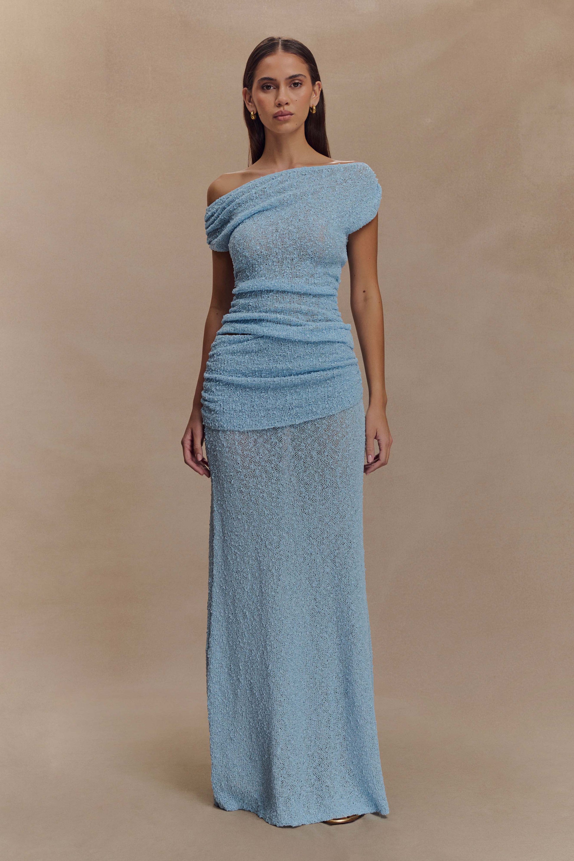Chloe Off Shoulder Boucle Knit Top - Light Blue | MESHKI US Chloe Off Shoulder Boucle Knit Top - Light Blue | MESHKI US