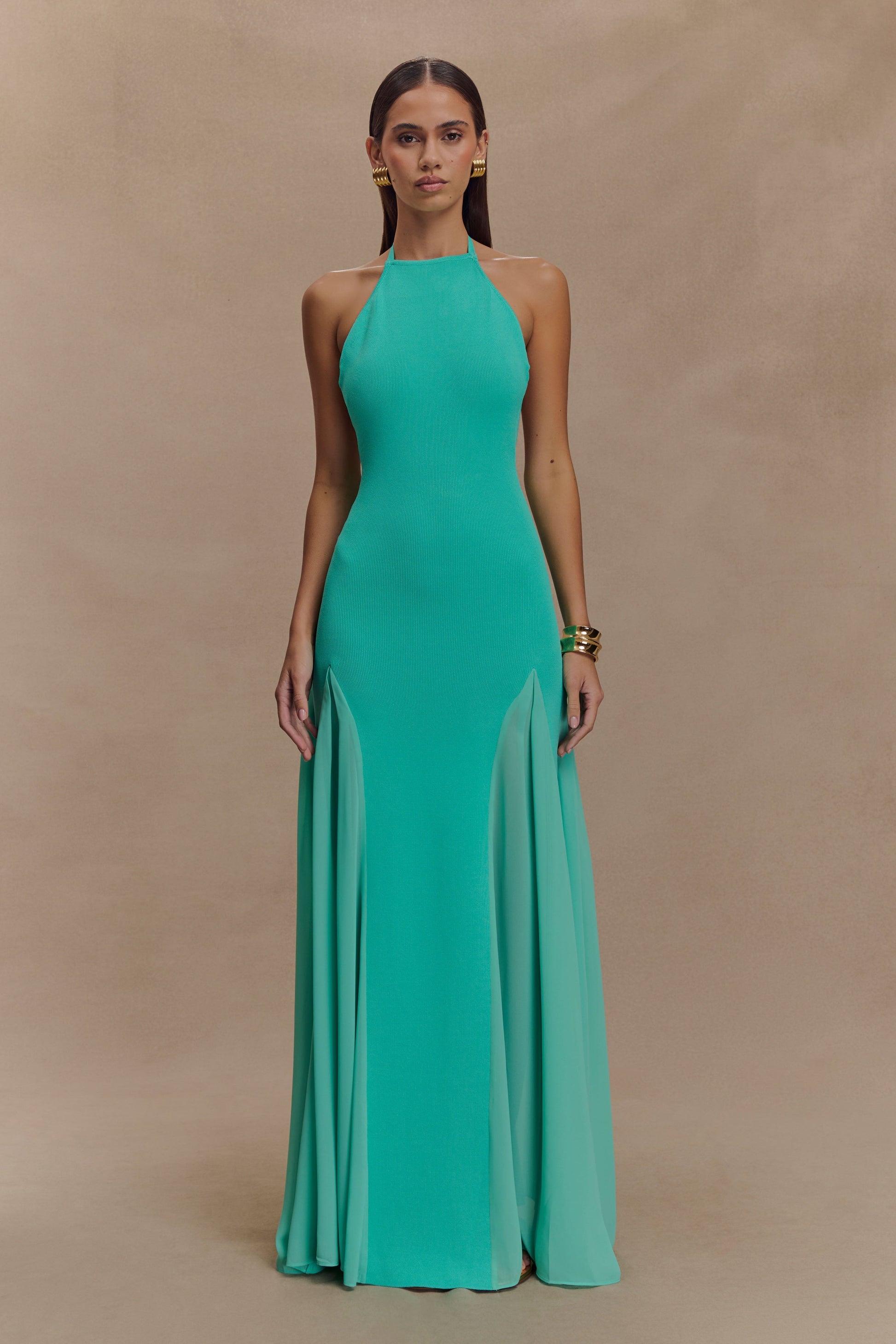 Soleil Knit And Mesh Halter Maxi Dress - Lagoon | MESHKI US Soleil Knit And Mesh Halter Maxi Dress - Lagoon | MESHKI US