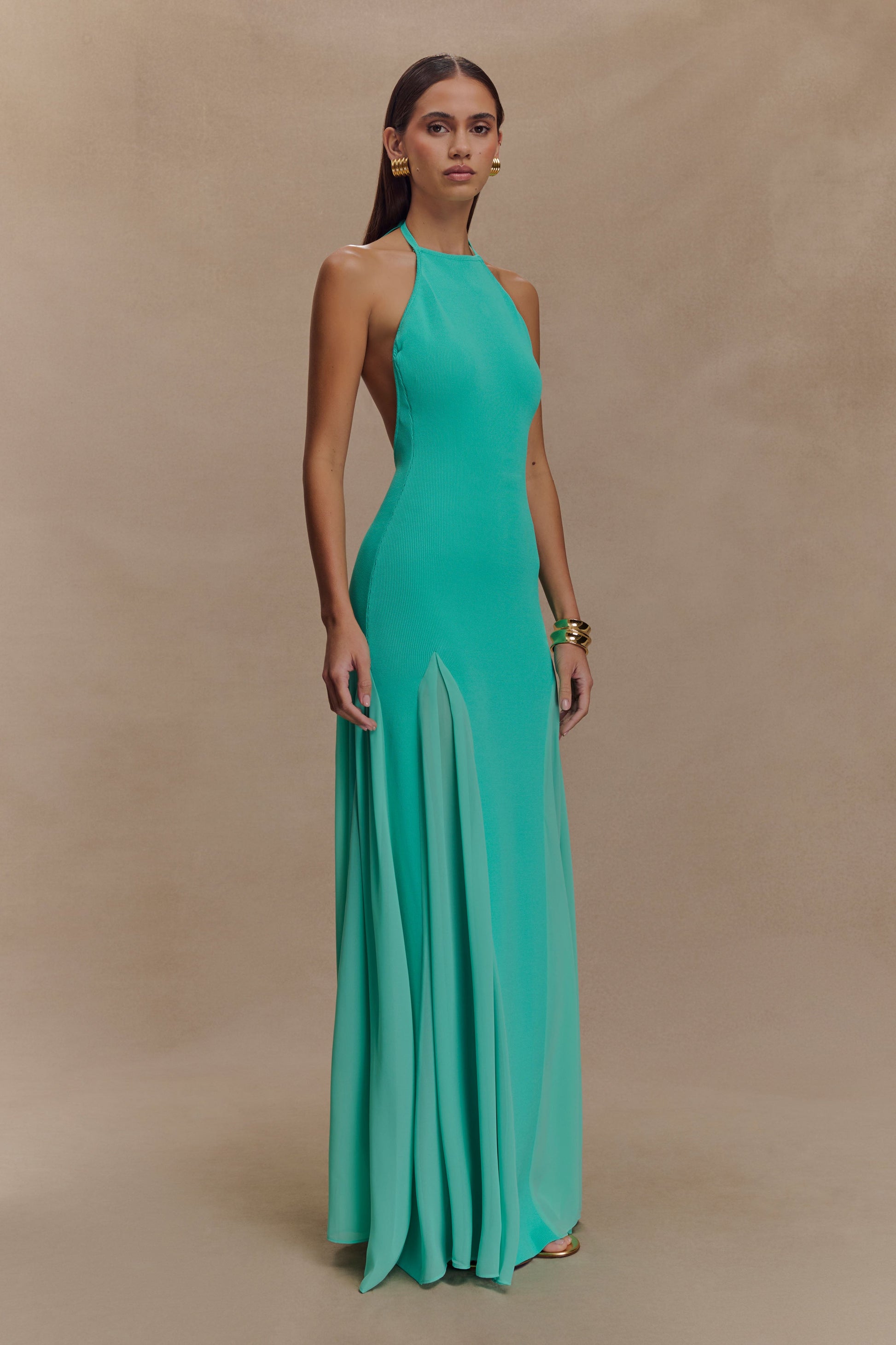 Soleil Knit And Mesh Halter Maxi Dress - Lagoon | MESHKI US Soleil Knit And Mesh Halter Maxi Dress - Lagoon | MESHKI US