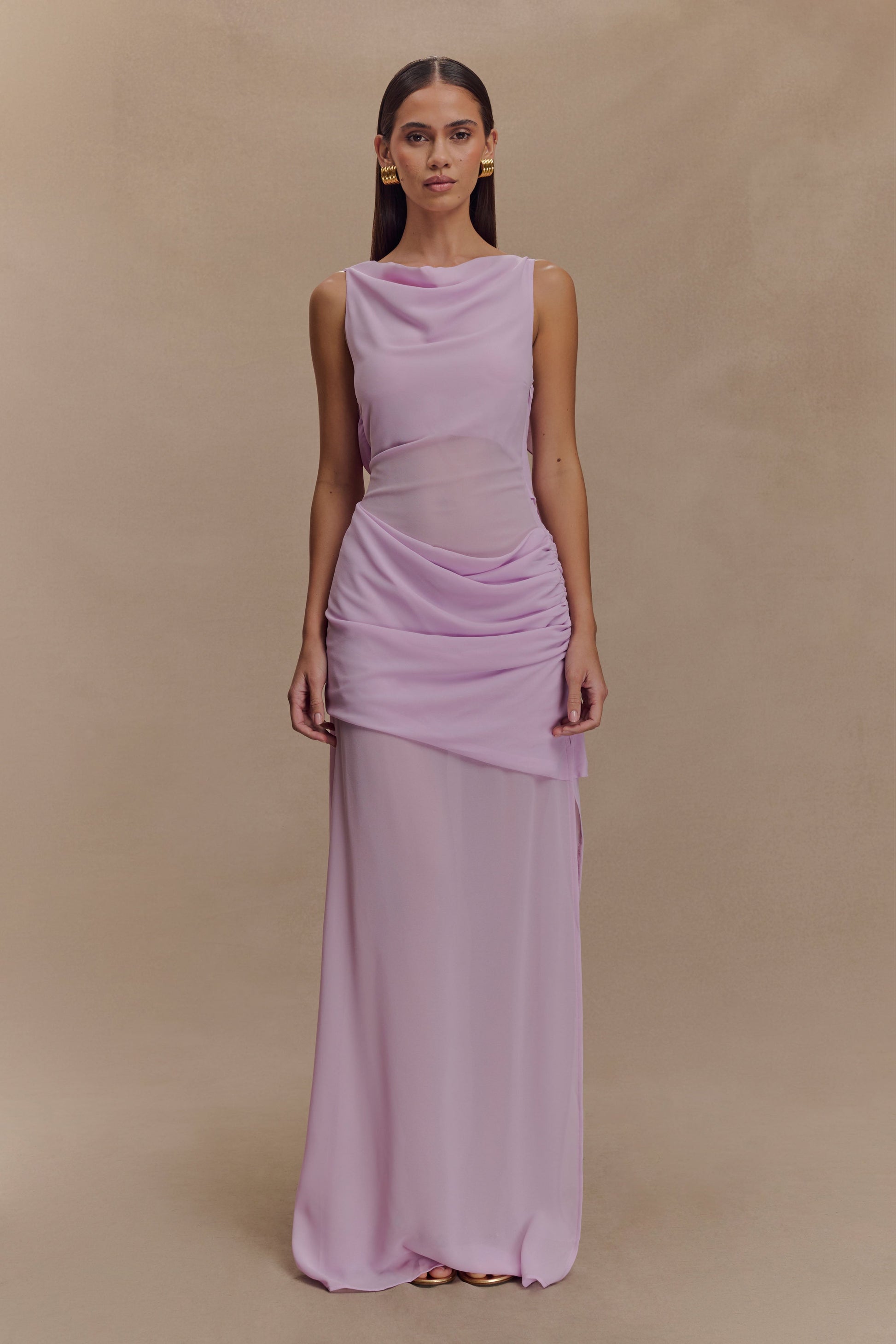 Daria Draped Chiffon Maxi Dress - Light Lilac | MESHKI US Daria Draped Chiffon Maxi Dress - Light Lilac | MESHKI US