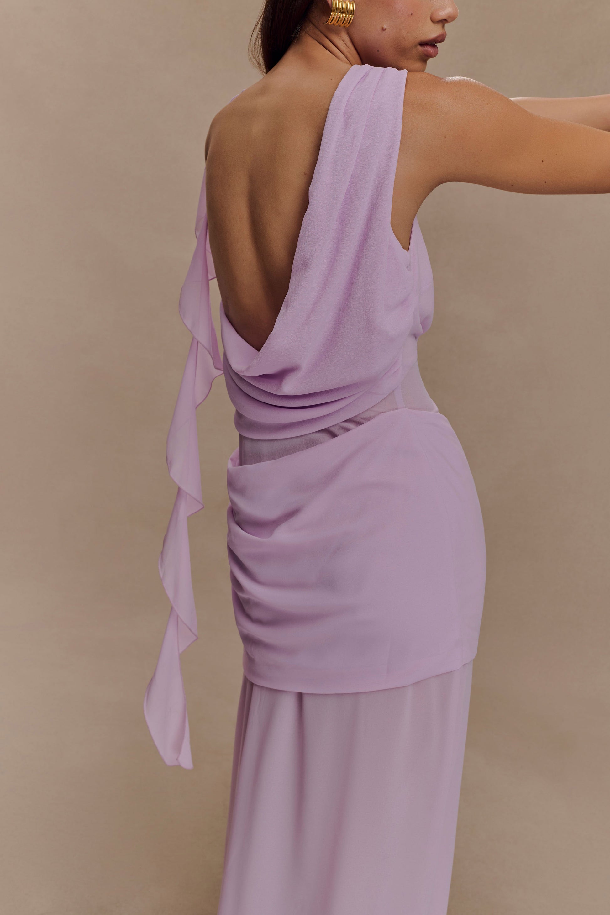light purple maxi dress Daria Draped Chiffon Maxi Dress / Light Lilac | MESHKI