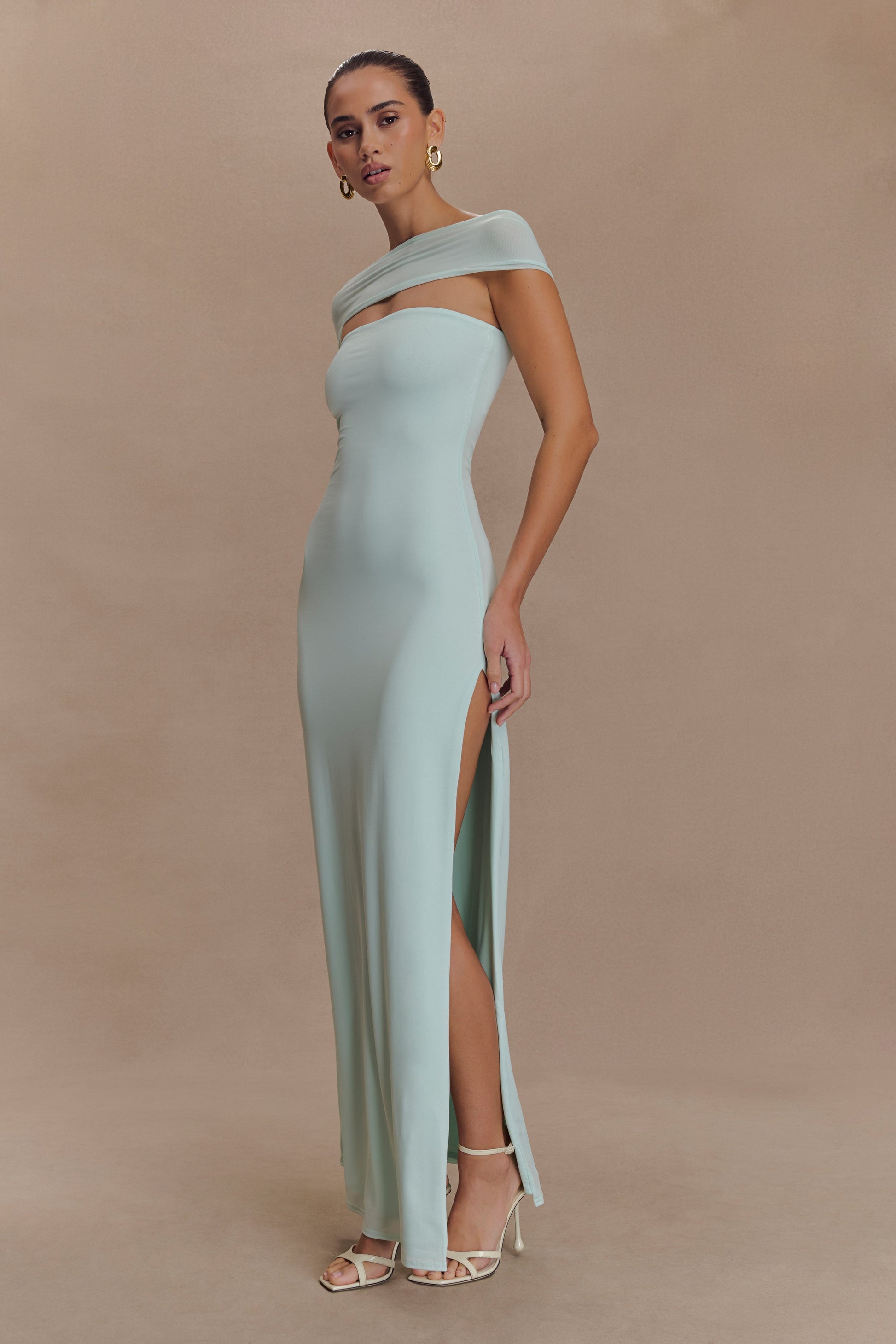Aurora Slinky And Mesh Split Maxi Dress - Lagoon | MESHKI US Aurora Slinky And Mesh Split Maxi Dress - Lagoon | MESHKI US
