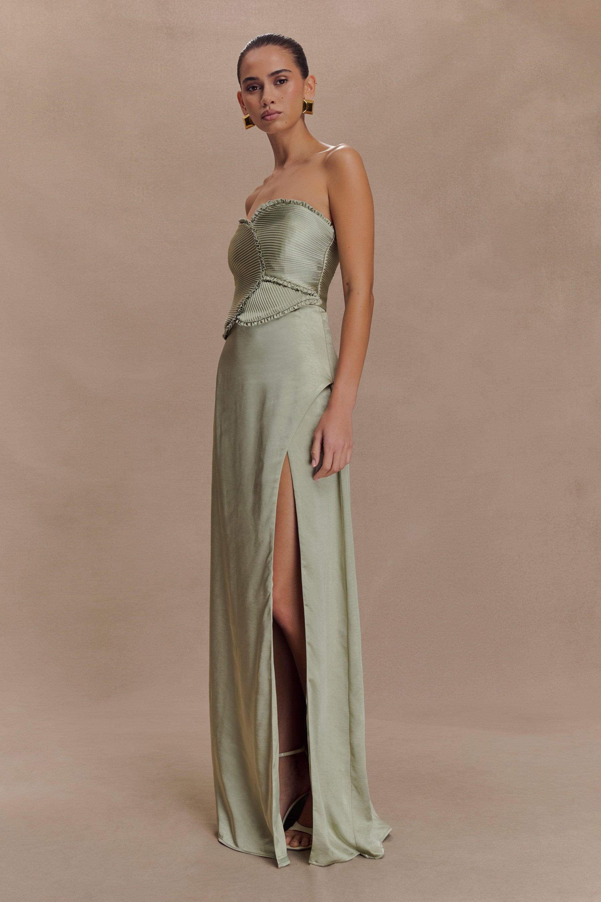 Larissa Satin Maxi Dress With Ruched Petals - Sage | MESHKI US Larissa Satin Maxi Dress With Ruched Petals - Sage | MESHKI US