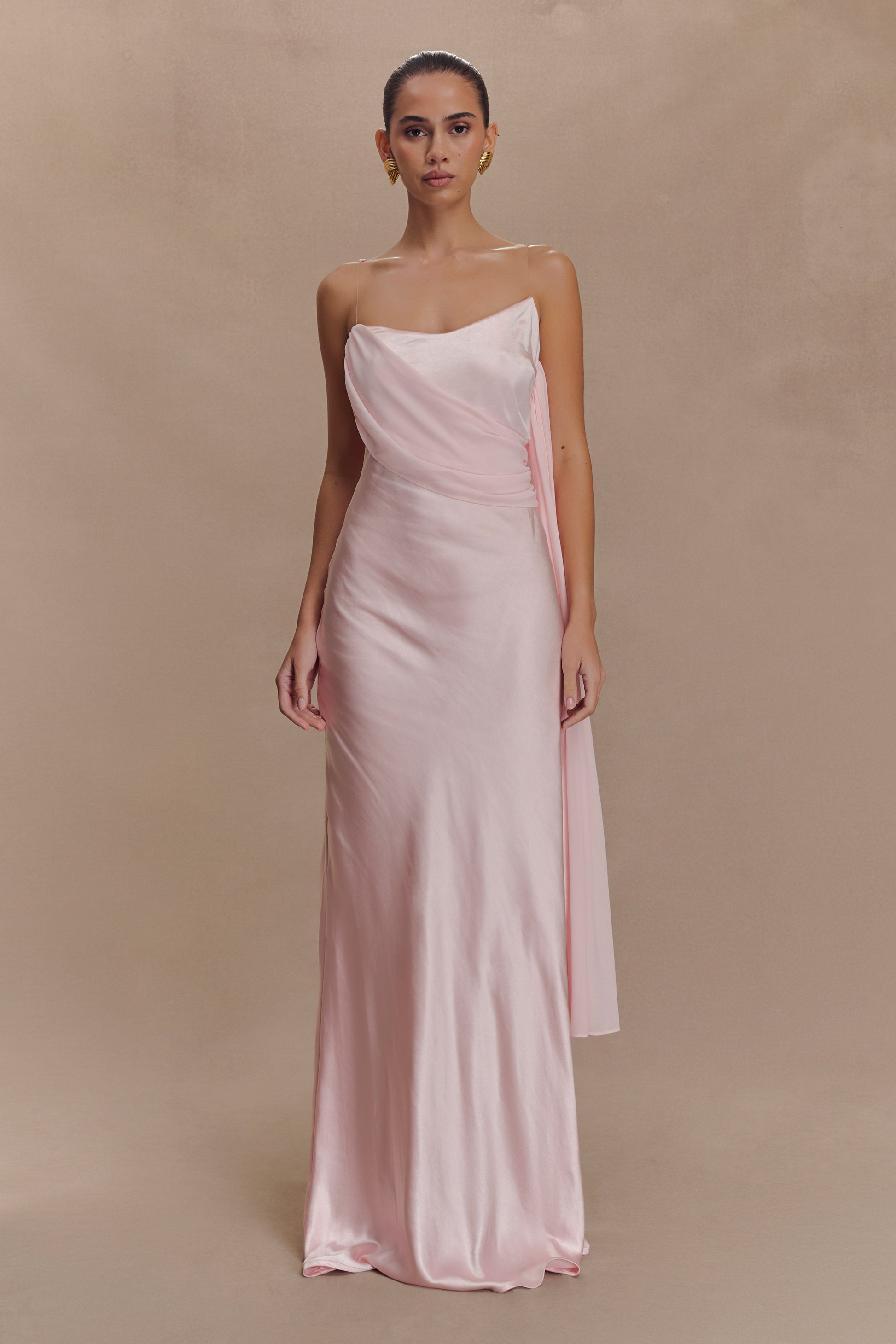 Carah Satin And Chiffon Maxi Dress / Pale Pink | MESHKI | XS Carah Satin And Chiffon Maxi Dress / Pale Pink | MESHKI | XS