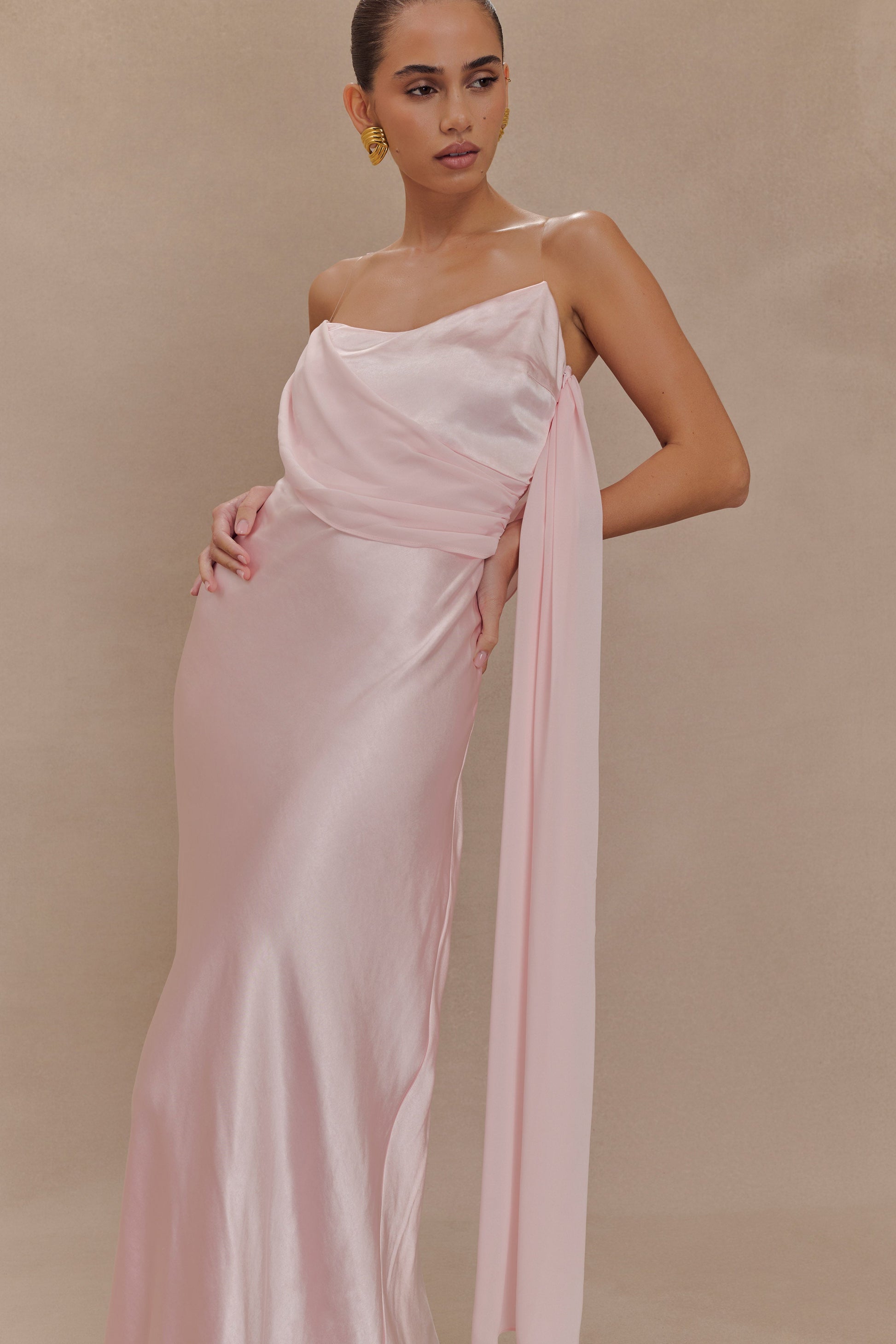 Carah Satin And Chiffon Maxi Dress / Pale Pink | MESHKI | XS Carah Satin And Chiffon Maxi Dress / Pale Pink | MESHKI | XS