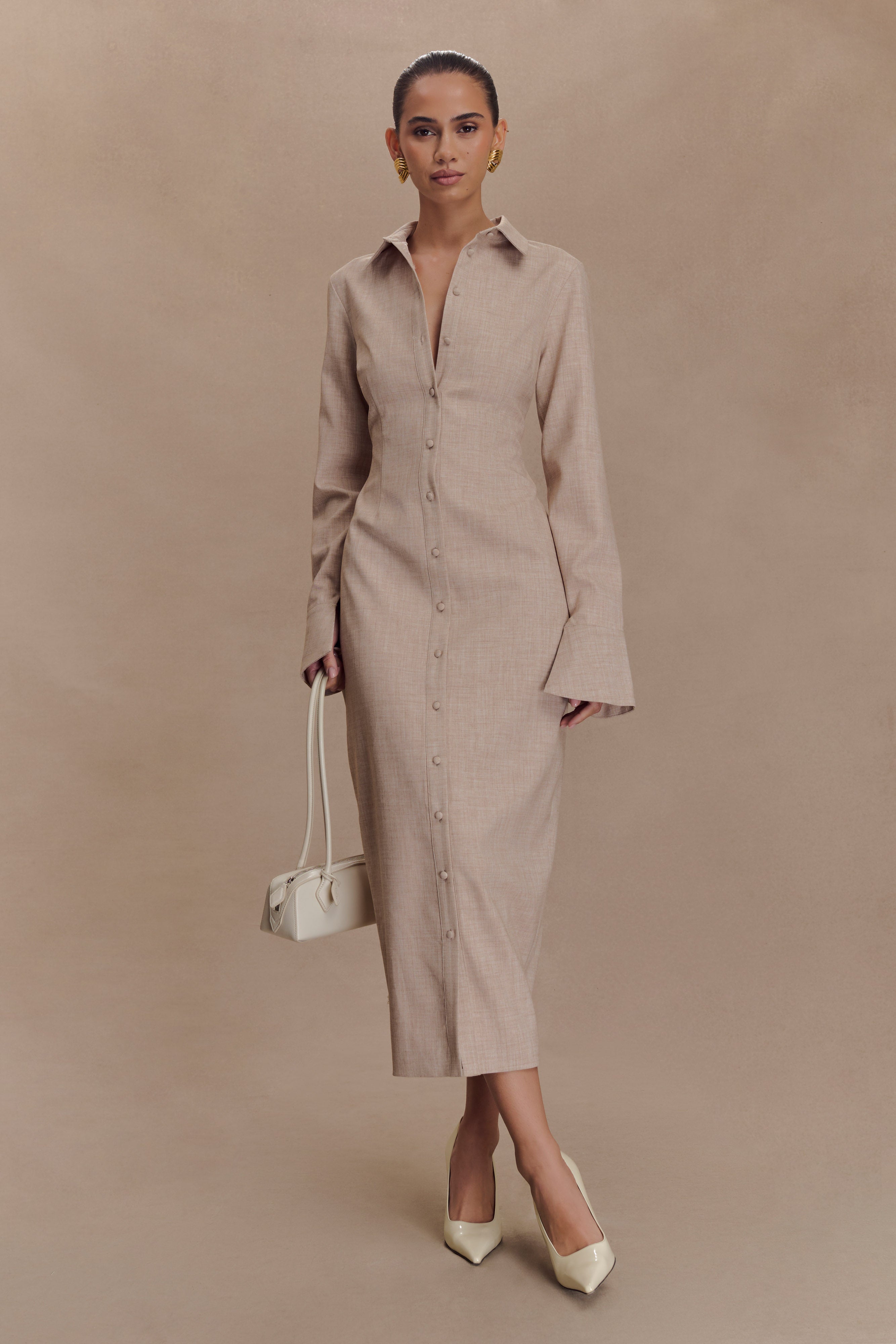 Dorian Fitted Shirt Midi Dress - Wheat Marle | MESHKI US