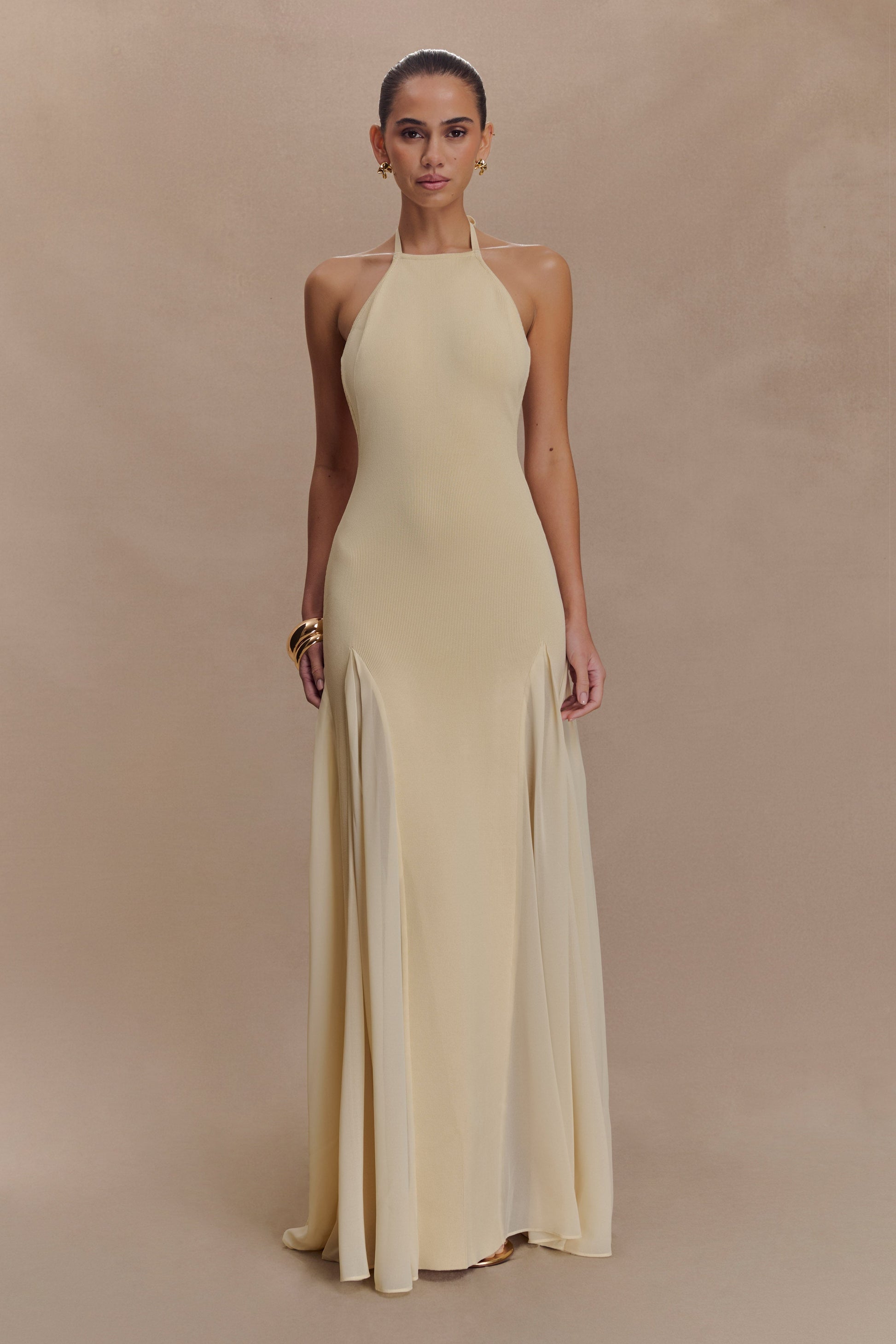 Soleil Knit And Mesh Halter Maxi Dress / Cream | MESHKI | S Soleil Knit And Mesh Halter Maxi Dress / Cream | MESHKI | S