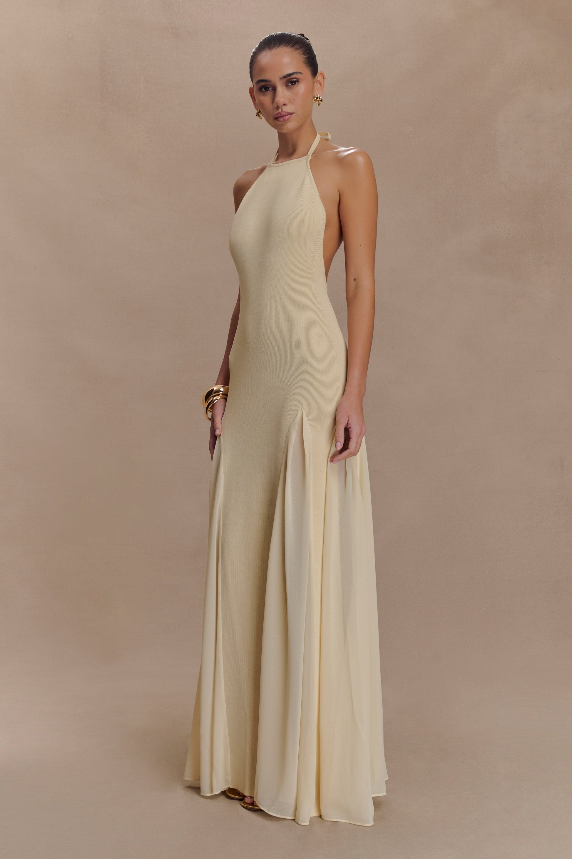 Soleil Knit And Mesh Halter Maxi Dress / Cream | MESHKI