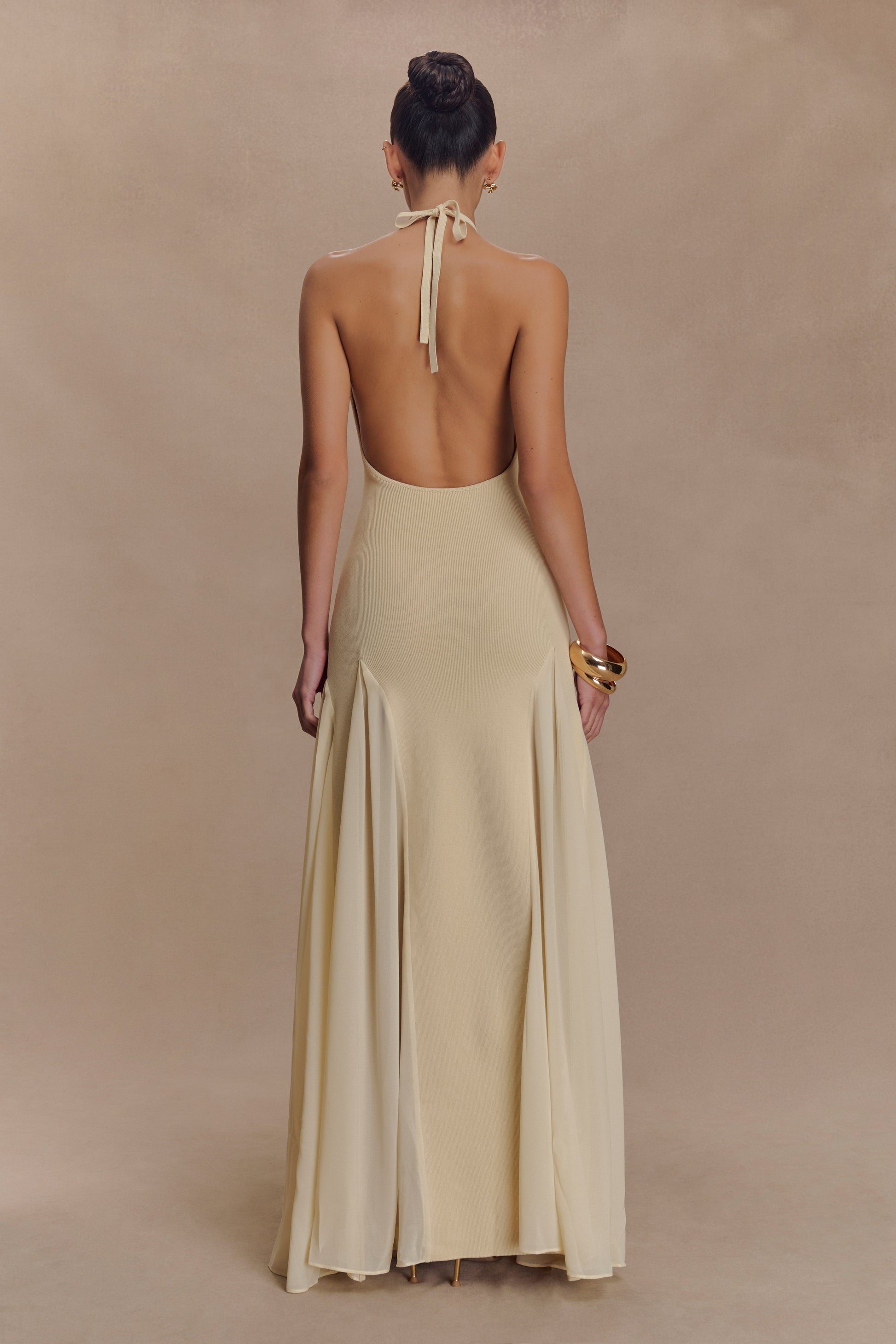 Soleil Knit And Mesh Halter Maxi Dress / Cream | MESHKI | S Soleil Knit And Mesh Halter Maxi Dress / Cream | MESHKI | S