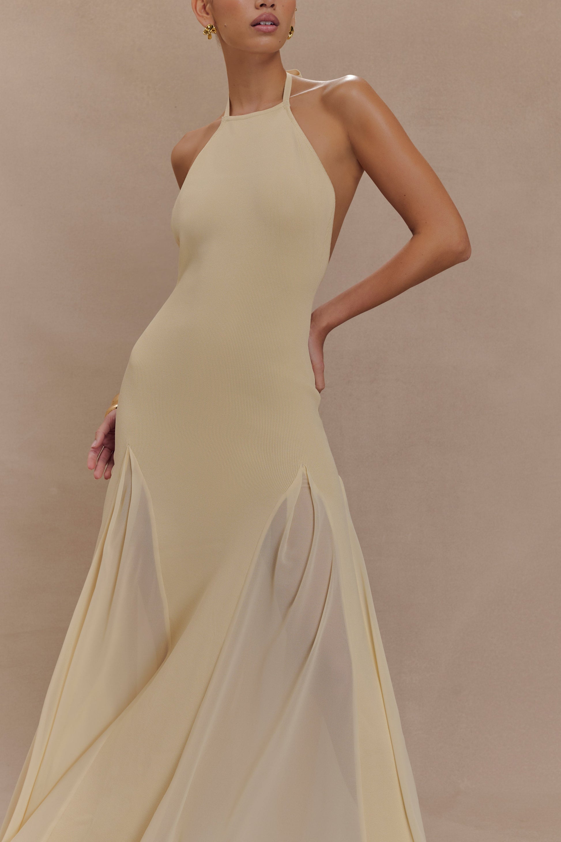 Soleil Knit And Mesh Halter Maxi Dress - Cream | MESHKI US Soleil Knit And Mesh Halter Maxi Dress - Cream | MESHKI US