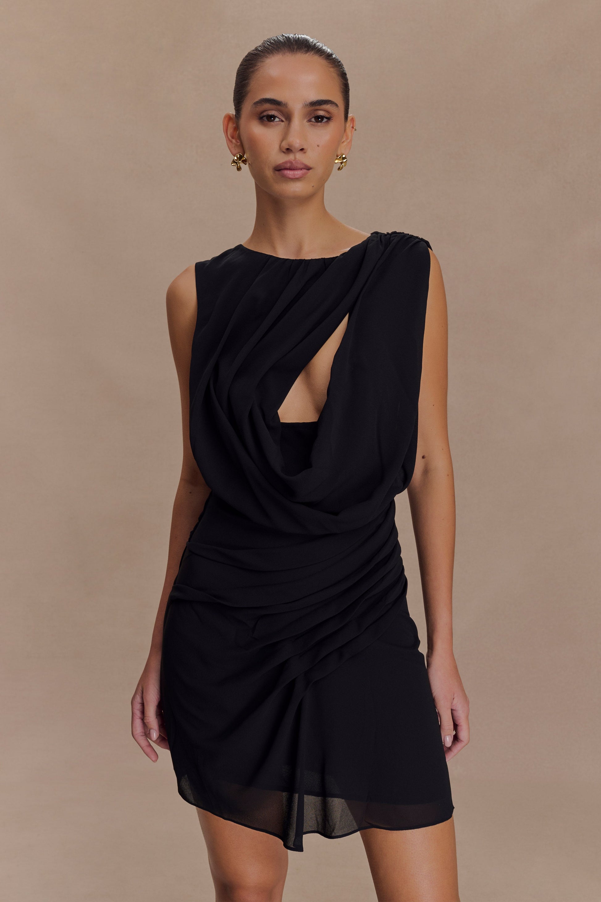 Oria Chiffon Mini Dress / Black | MESHKI