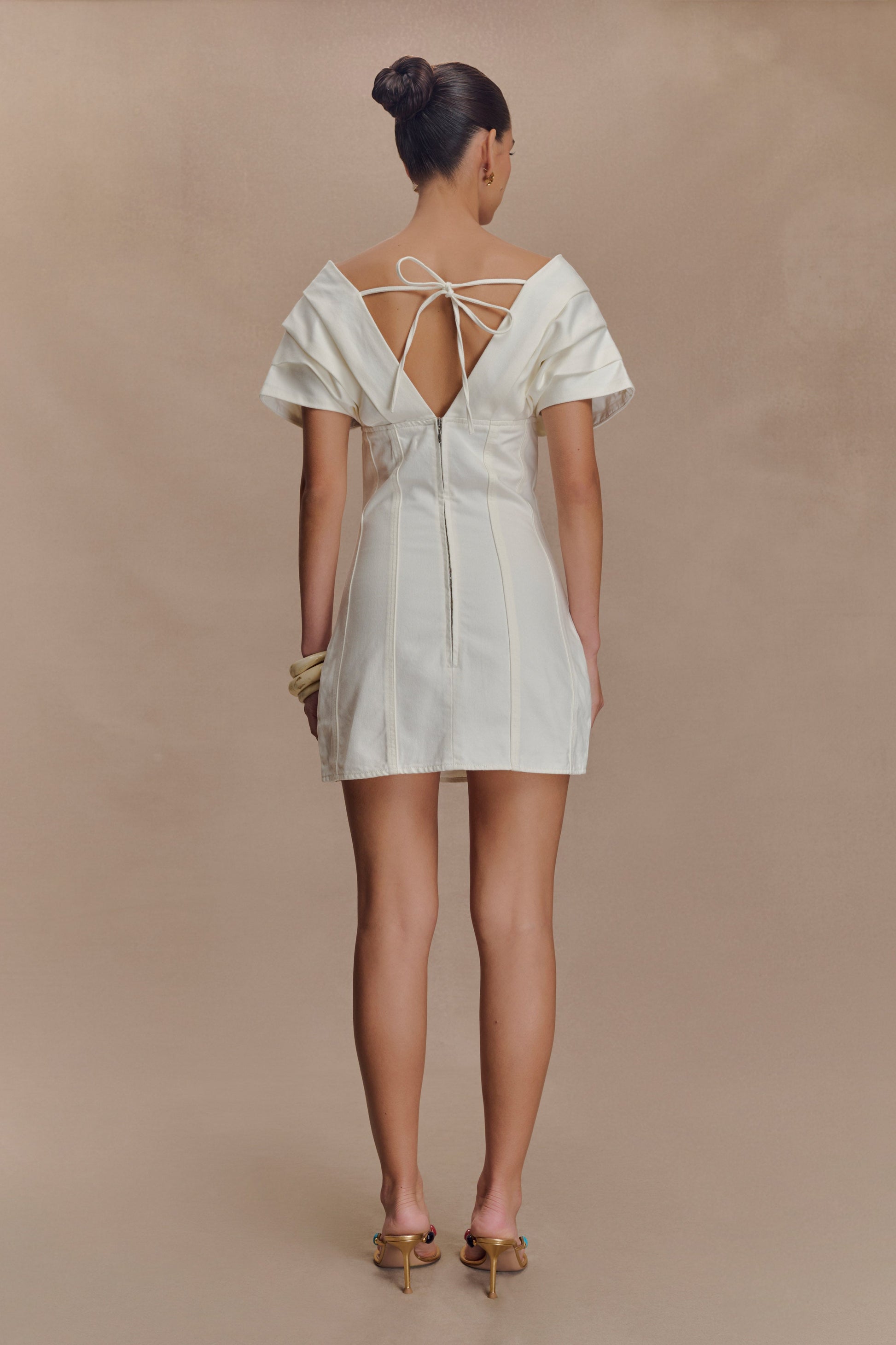 Pascale Off Shoulder Denim Mini Dress / White | MESHKI