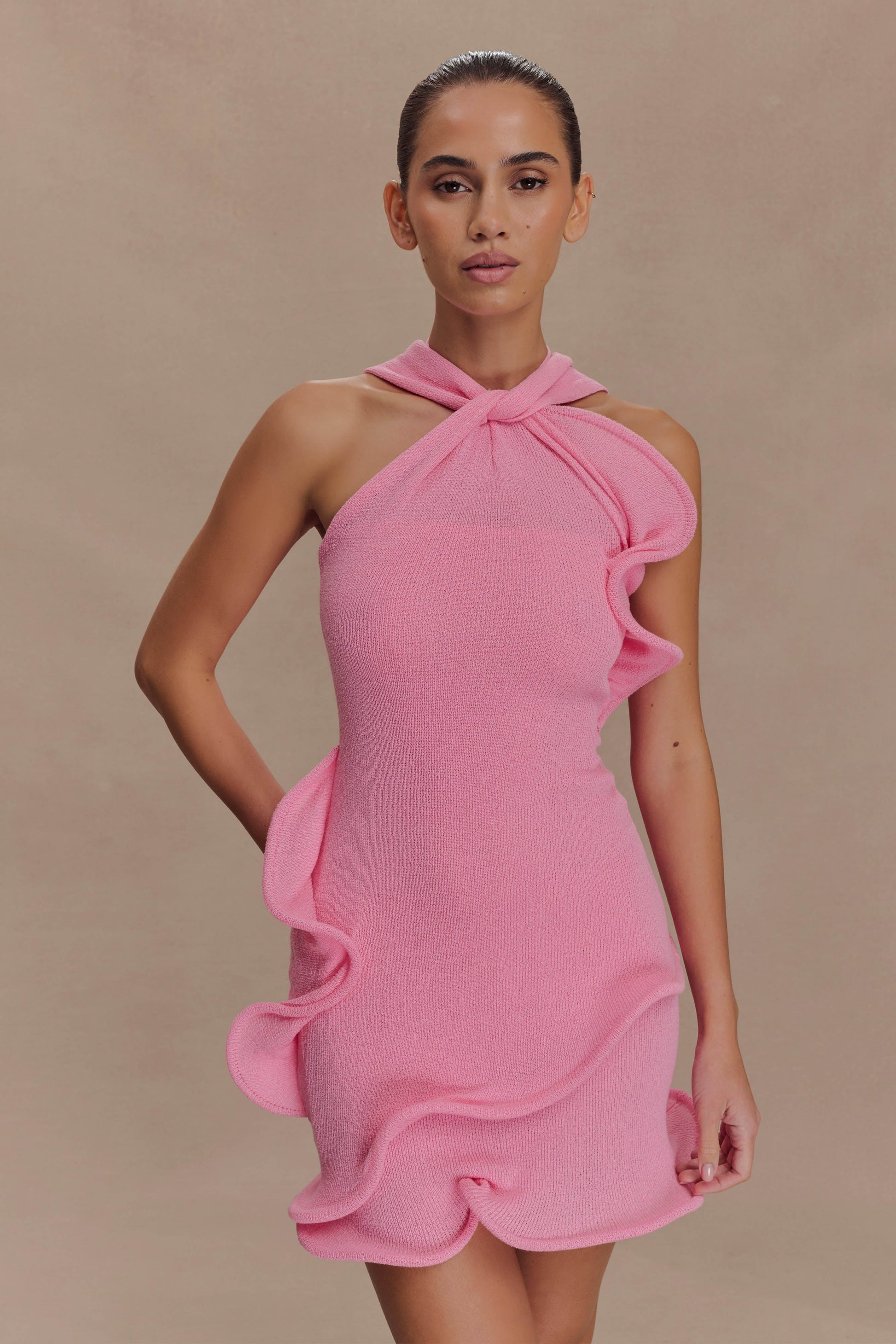 Caprice Halter Knit Mini Dress / Bubblegum Pink | MESHKI