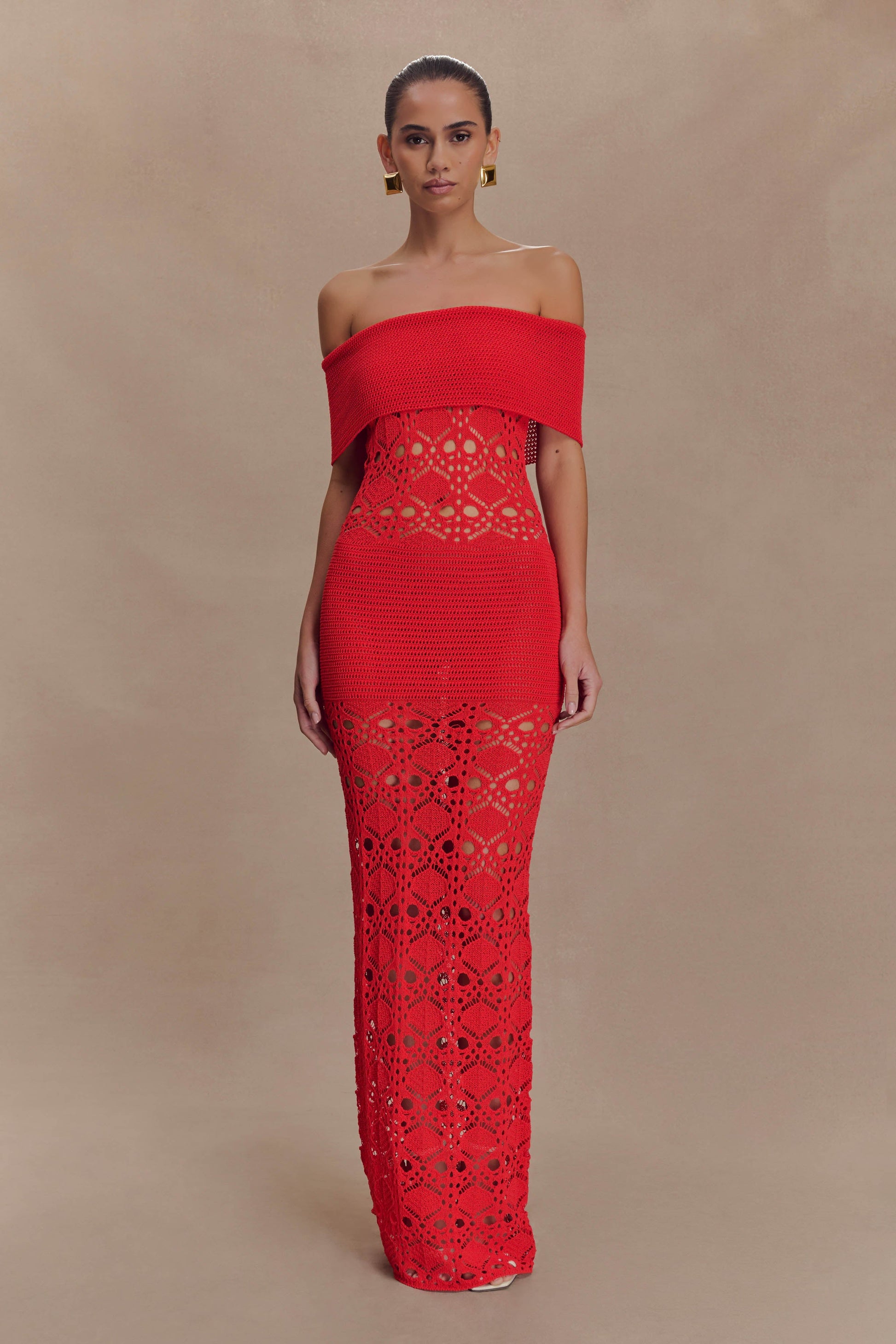 Solstice Off Shoulder Crochet Knit Maxi Dress - Blood Orange Solstice Off Shoulder Crochet Knit Maxi Dress - Blood Orange