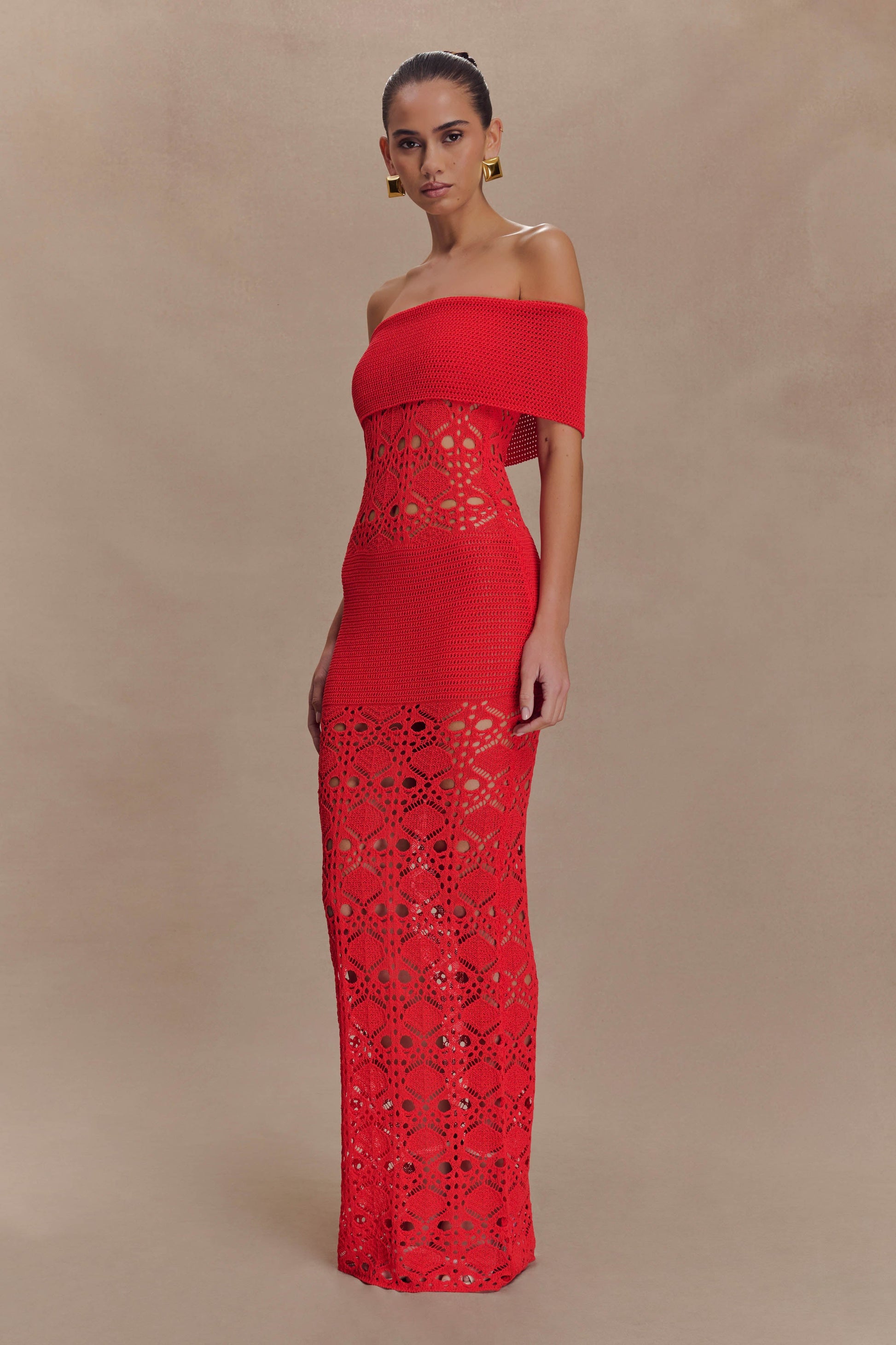 Solstice Off Shoulder Crochet Knit Maxi Dress - Blood Orange Solstice Off Shoulder Crochet Knit Maxi Dress - Blood Orange