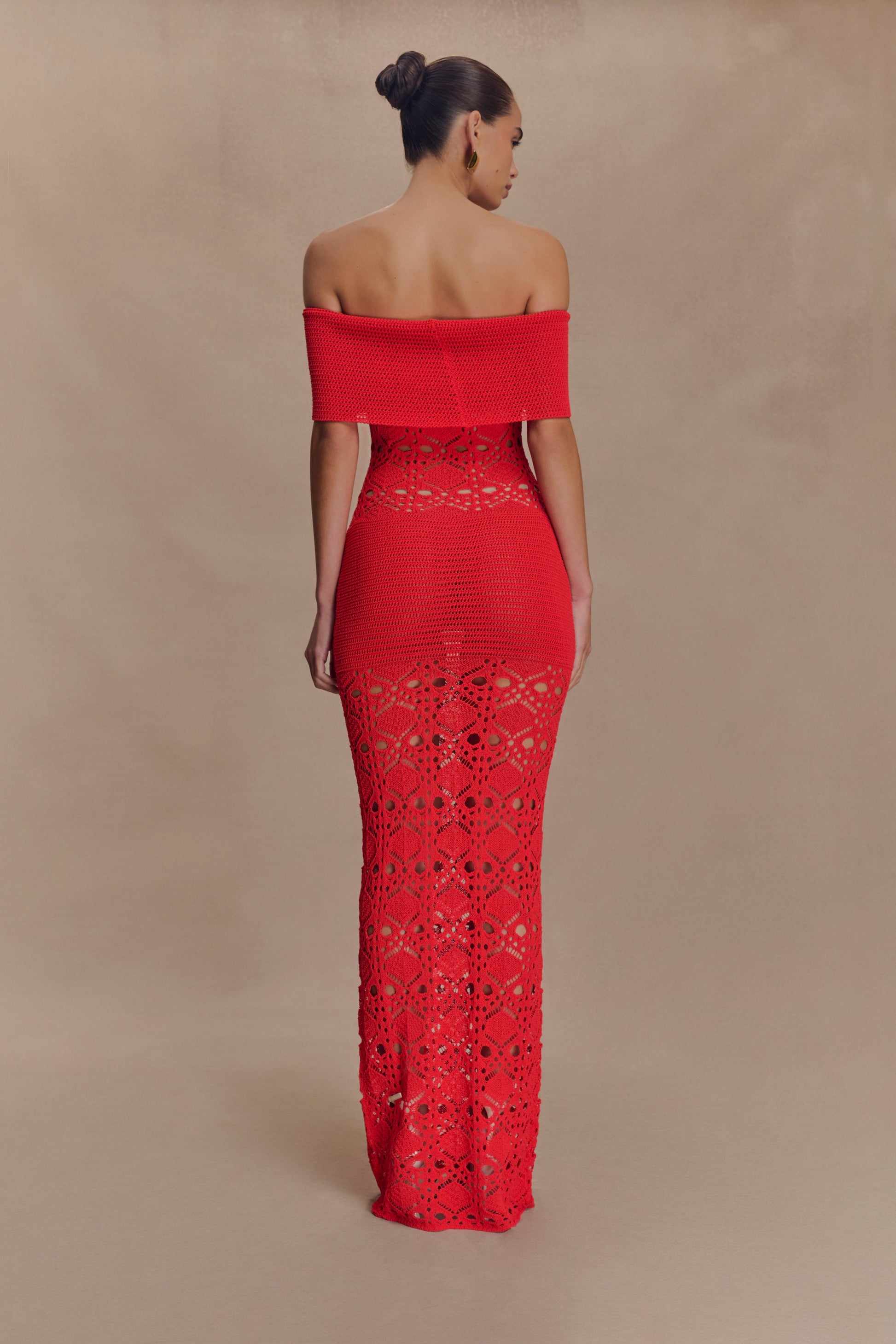 Solstice Off Shoulder Crochet Knit Maxi Dress - Blood Orange Solstice Off Shoulder Crochet Knit Maxi Dress - Blood Orange